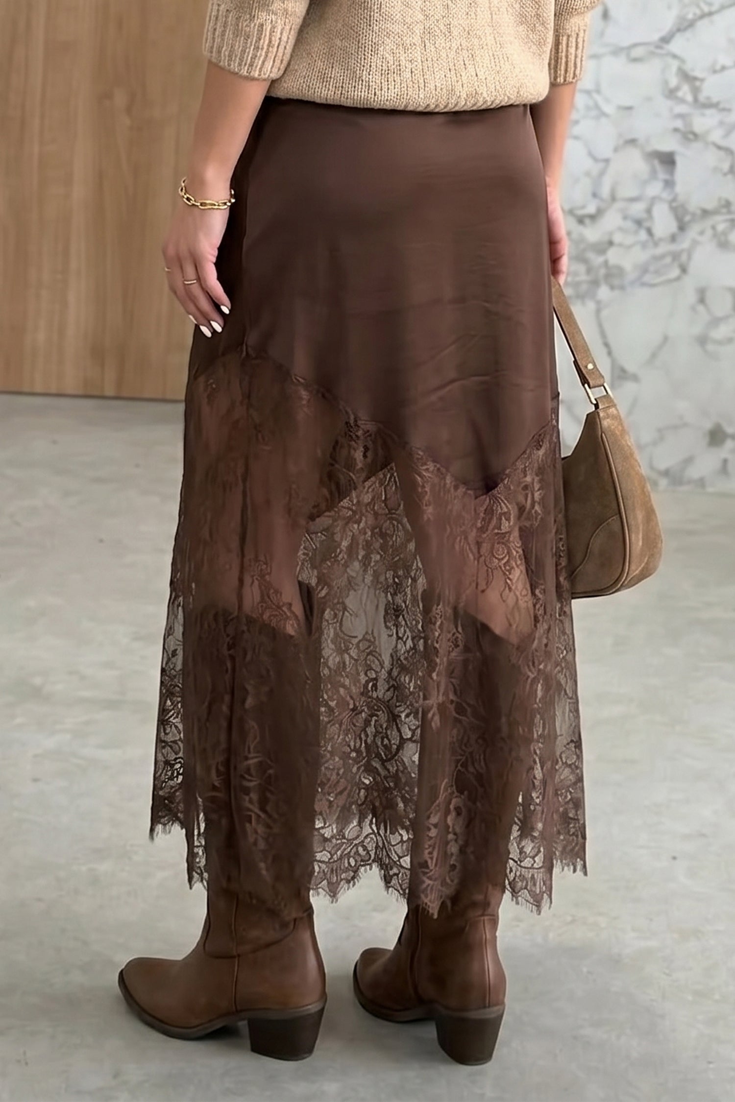 Everyday Lace Dark Brown Patchwork Hem Shift Long Skirt