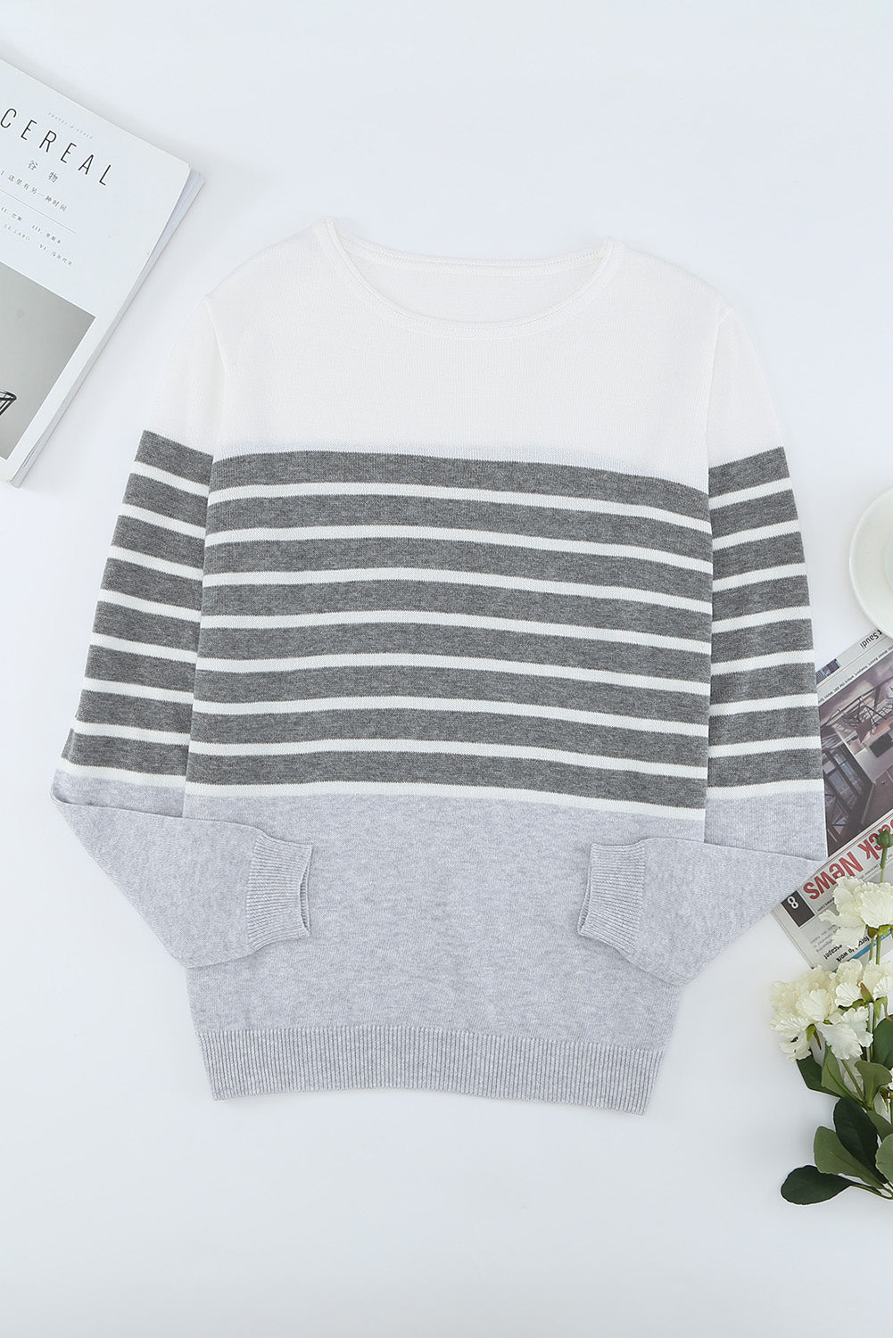Women's Sweater Featuring Striped Color-Block