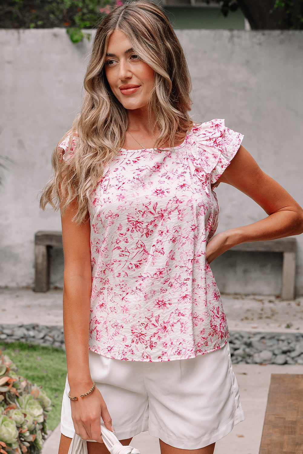 Short-Sleeved Floral Ruffled Bow Back Square Neck Blouse