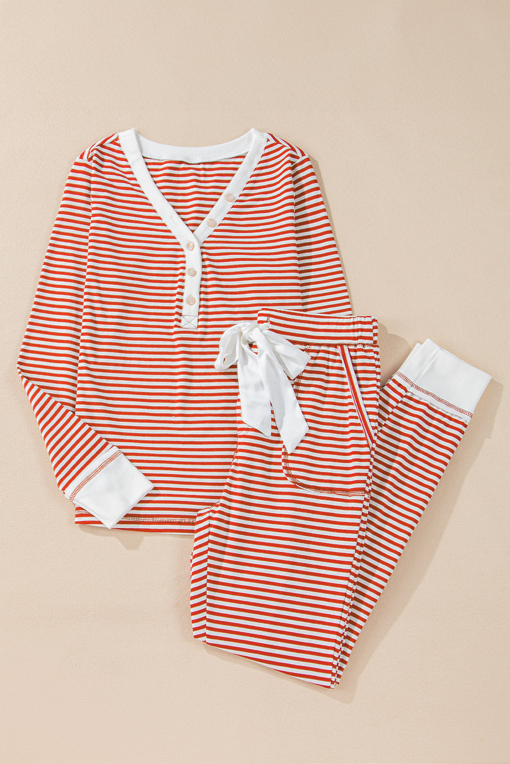 Button-Front V-Neck Top and Knotted Waist Pants Lounge Set