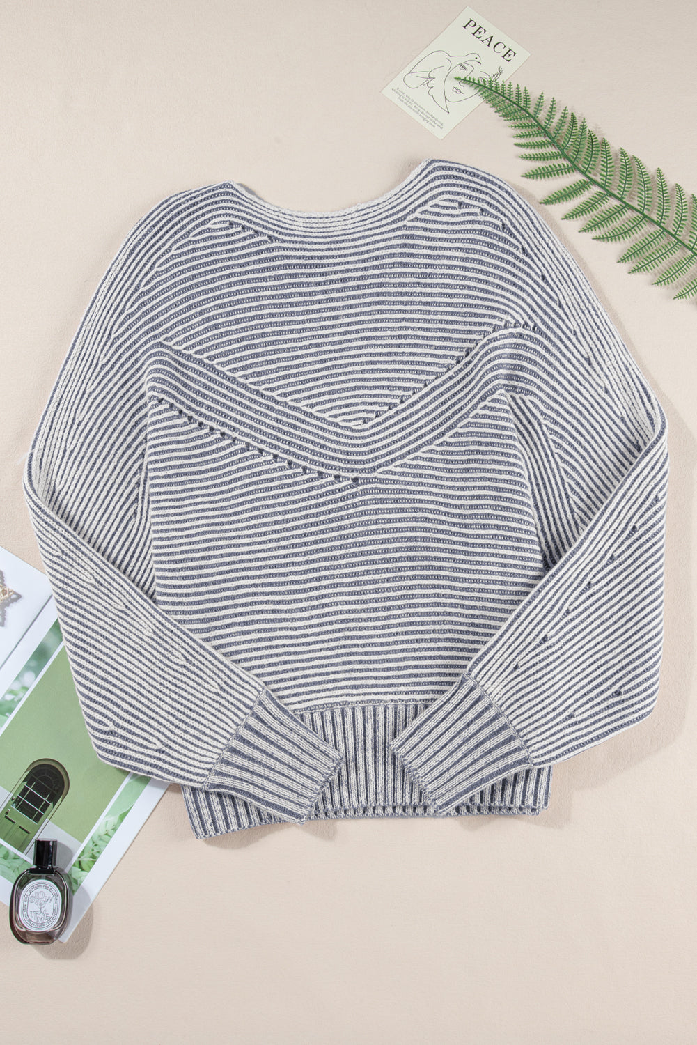 Print Rib-Knit Striped Rib-Knit Knit Boat Neck Baggy Knit Top