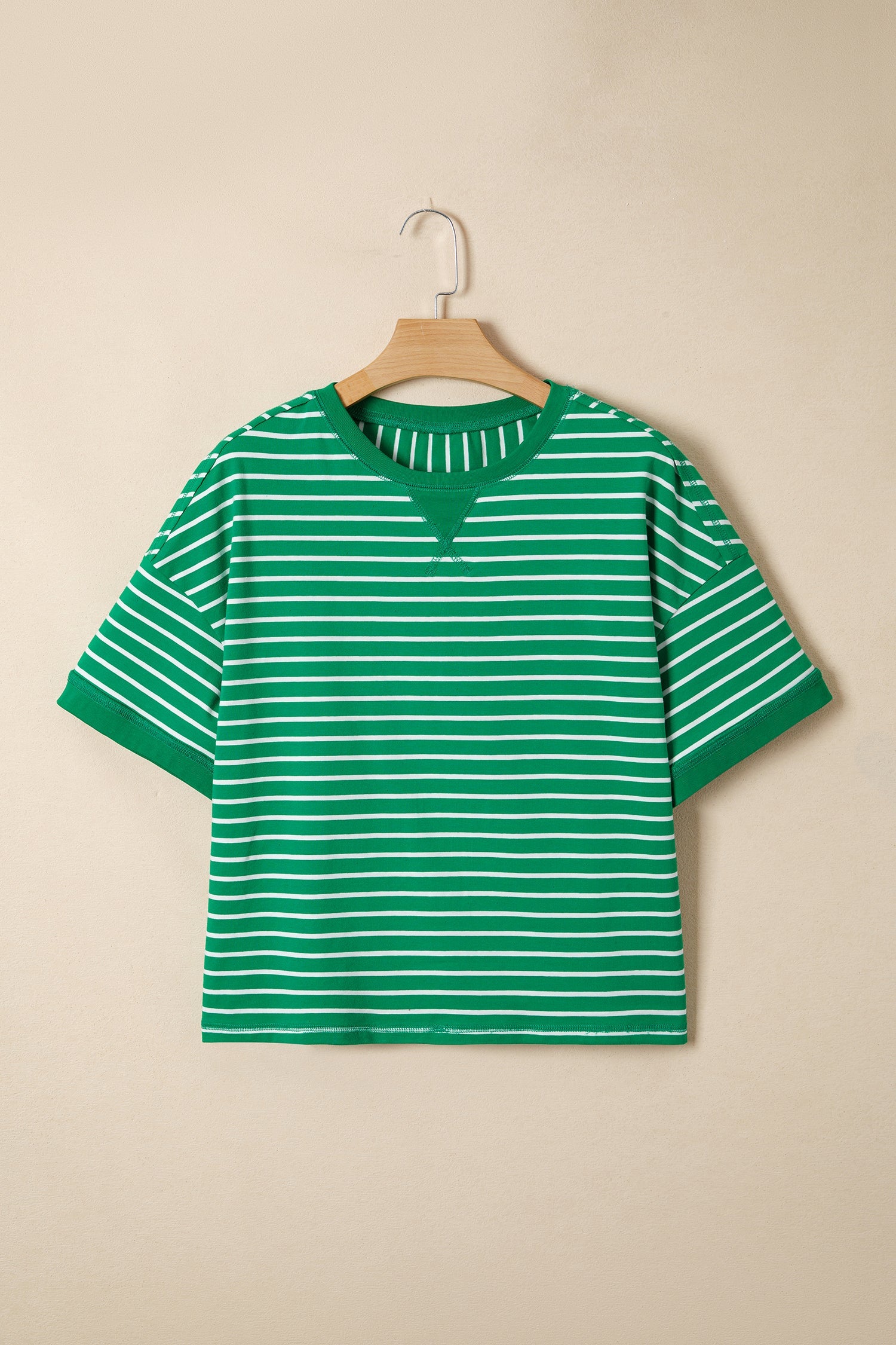 Rib-Knit Patchwork Stripe Patchwork Seam Detail Half Sleeve Tee in Green