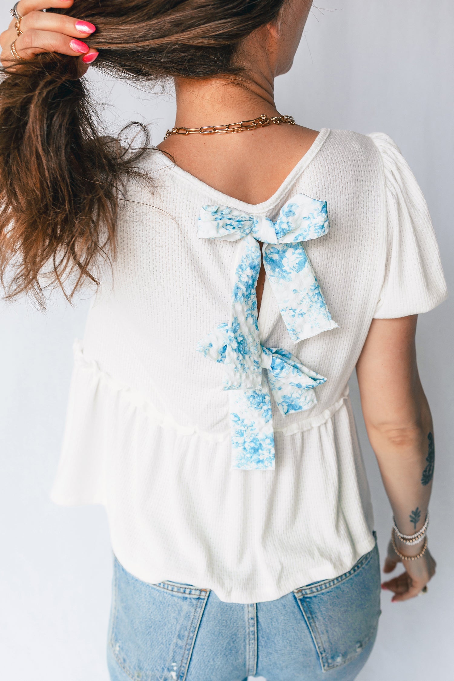 Knit V-Neck Textured V-Neck Short Bubble Sleeve Peplum Top