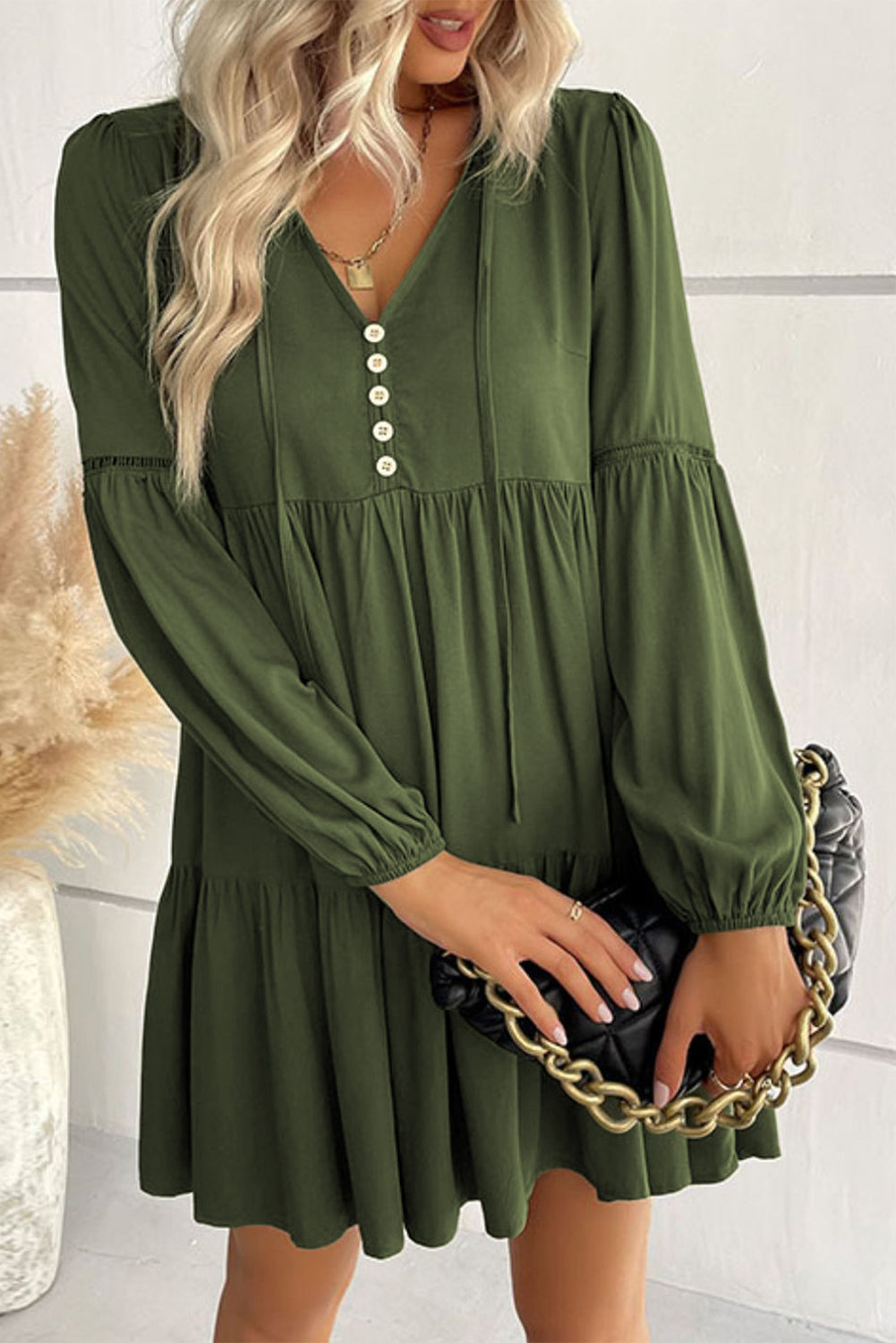 Women's Mini Dress with Layered Ruffle-Trimmed Lace-Trimmed Balloon Sleeve