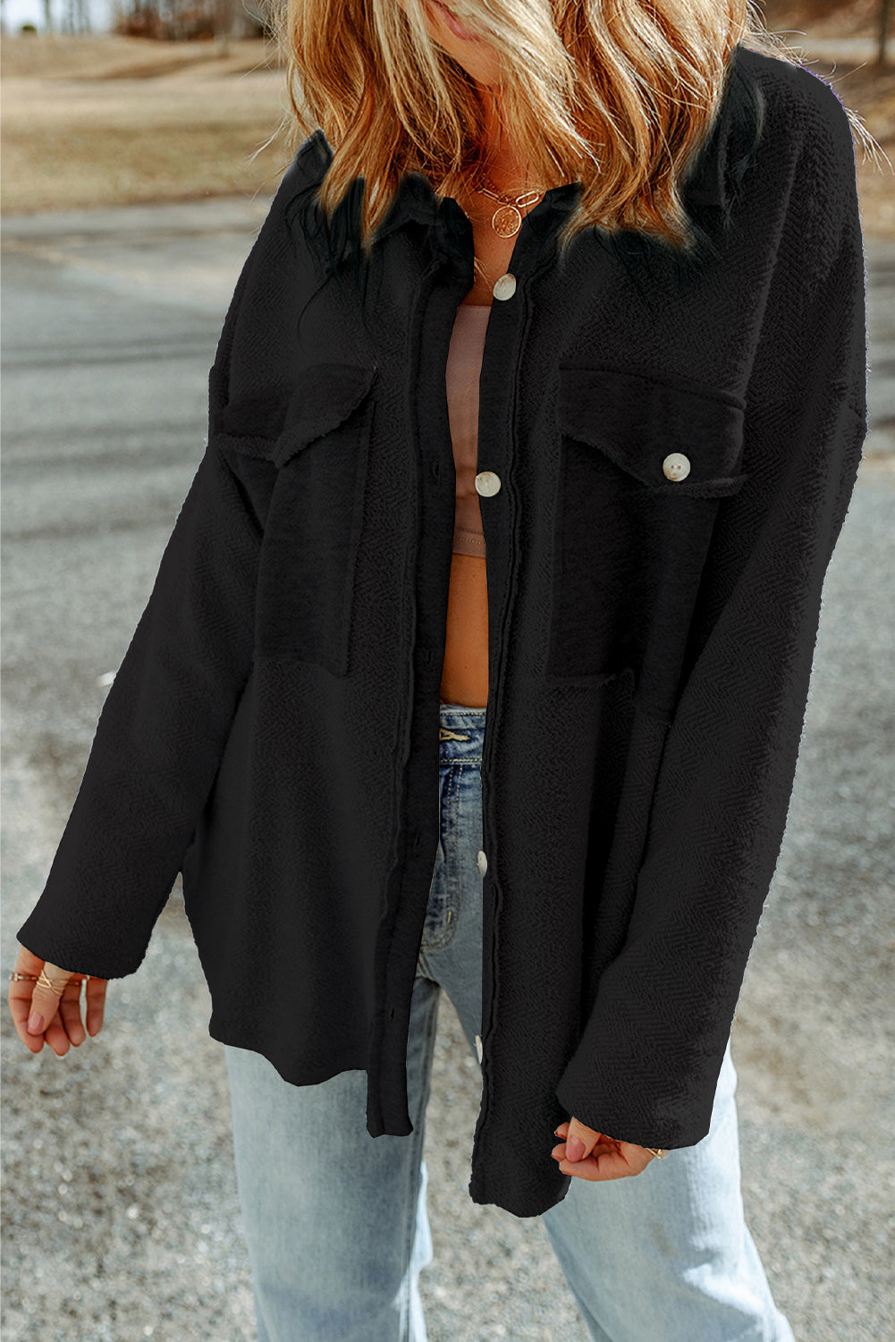 Women's Shacket Featuring Black Relaxed Contrast Flap Pockets