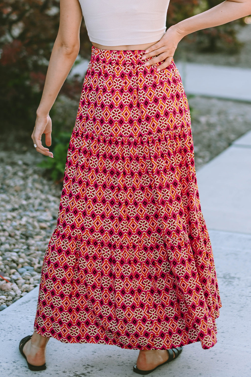 Skirt for Women Print Layered Maxi Vintage Bohemian Floral-Print
