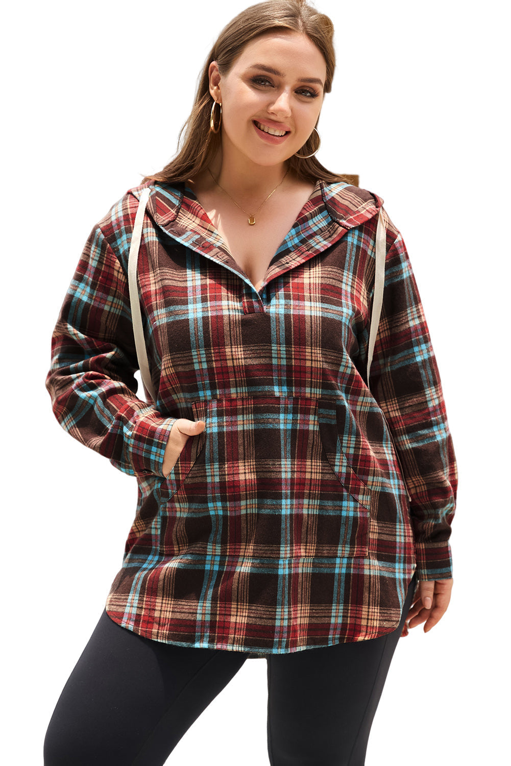 Women's Hoodie with Plus Size Plaid Kangaroo