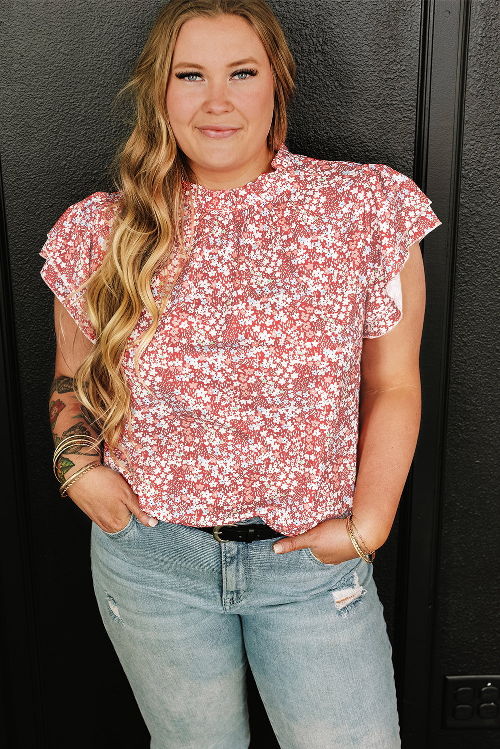 Women's Blouse Featuring Frill-Trimmed Neck Plus Size Floral-Print