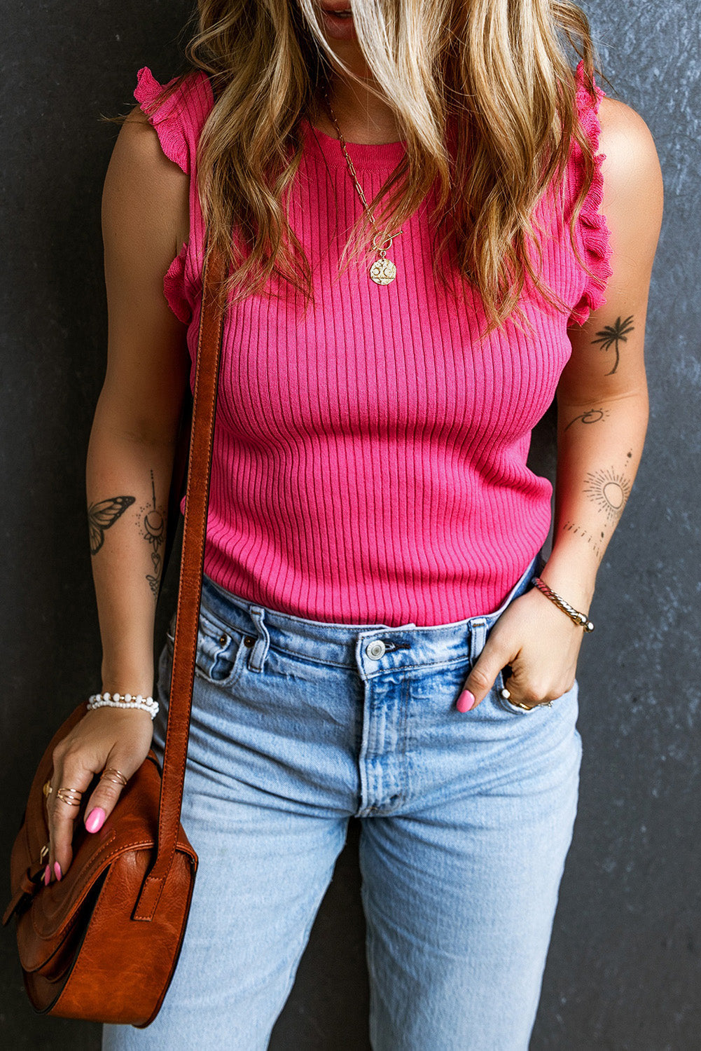 Women's Ruffle-Trimmed Sweater Rib-Knitted Tank