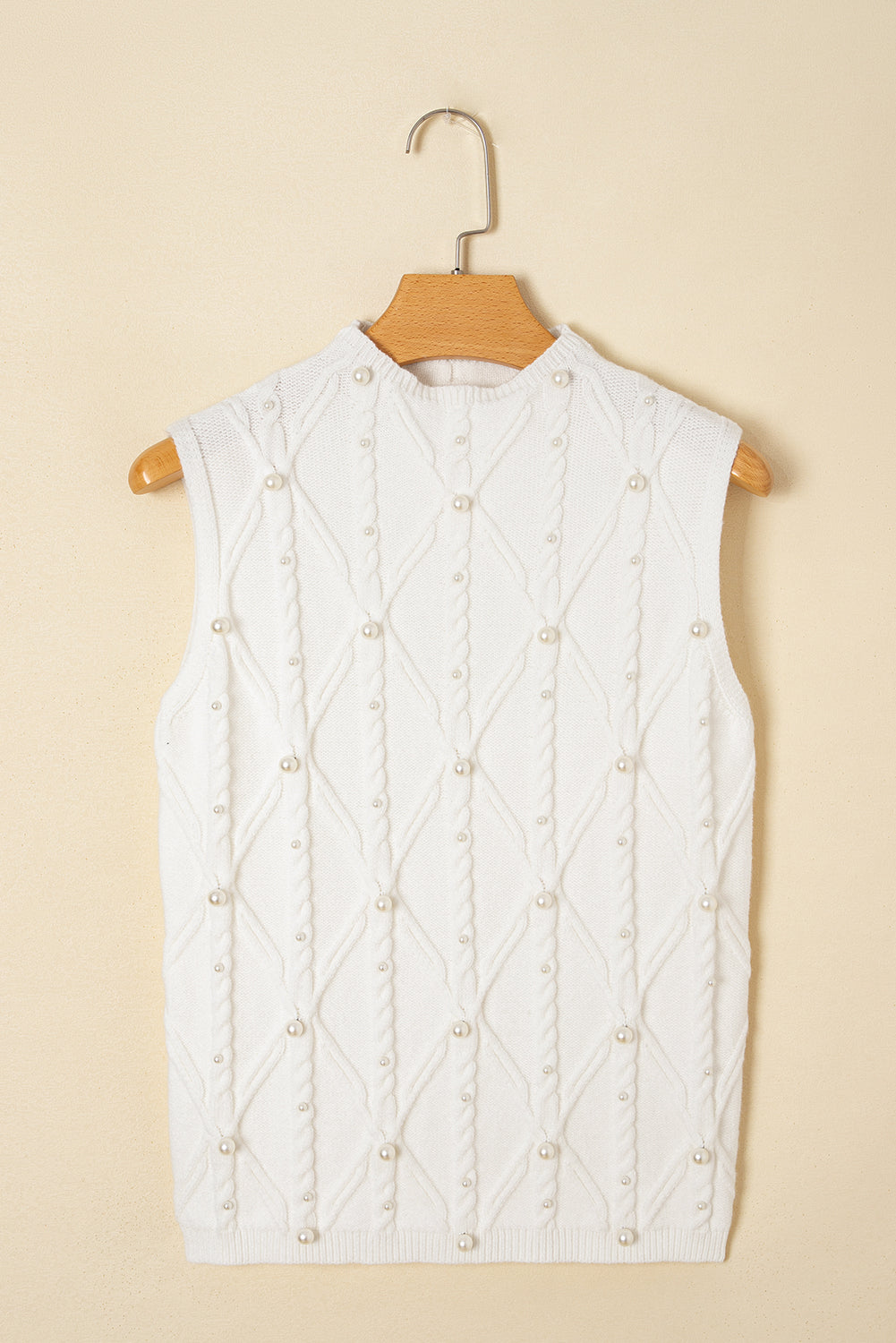Polished White Pearled High Neck Textured Knit Knit Top Vest