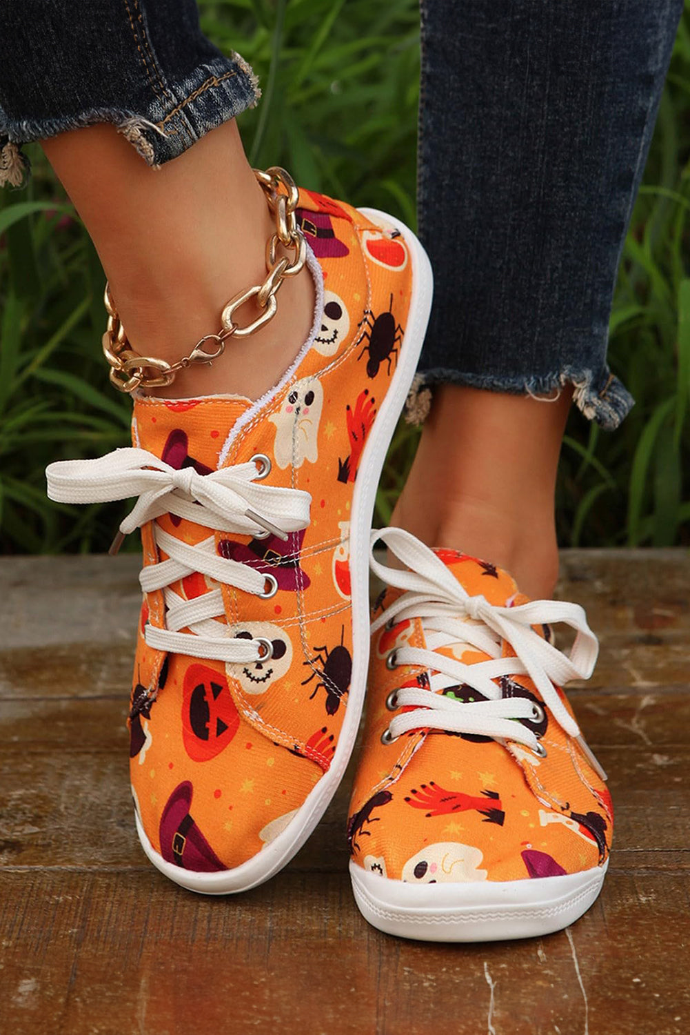 Ghost Halloween Pumpkin Print Lace-up Flat Shoes