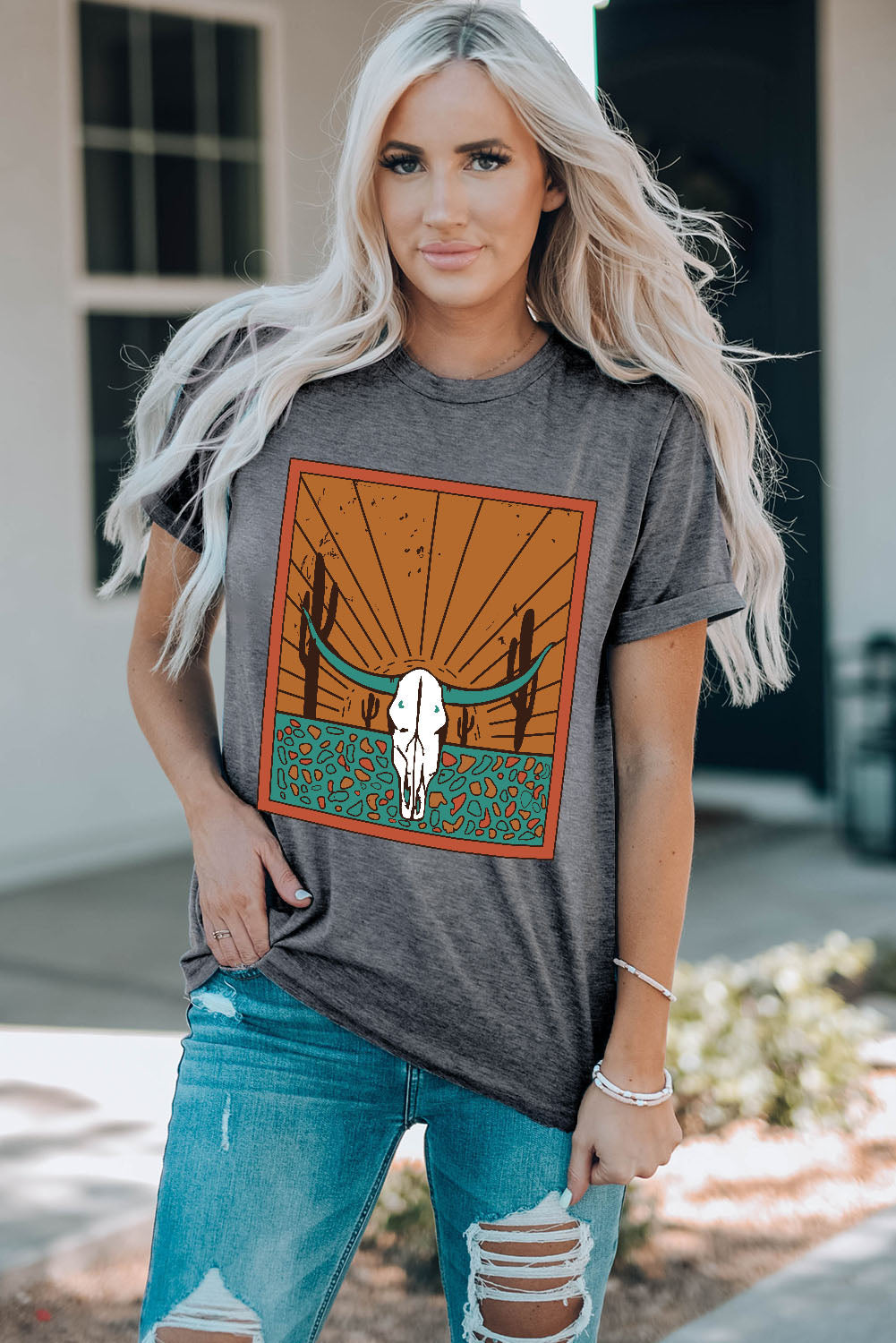 Women's Crew Neck Western Steer Skull Graphic-Print T Shirt