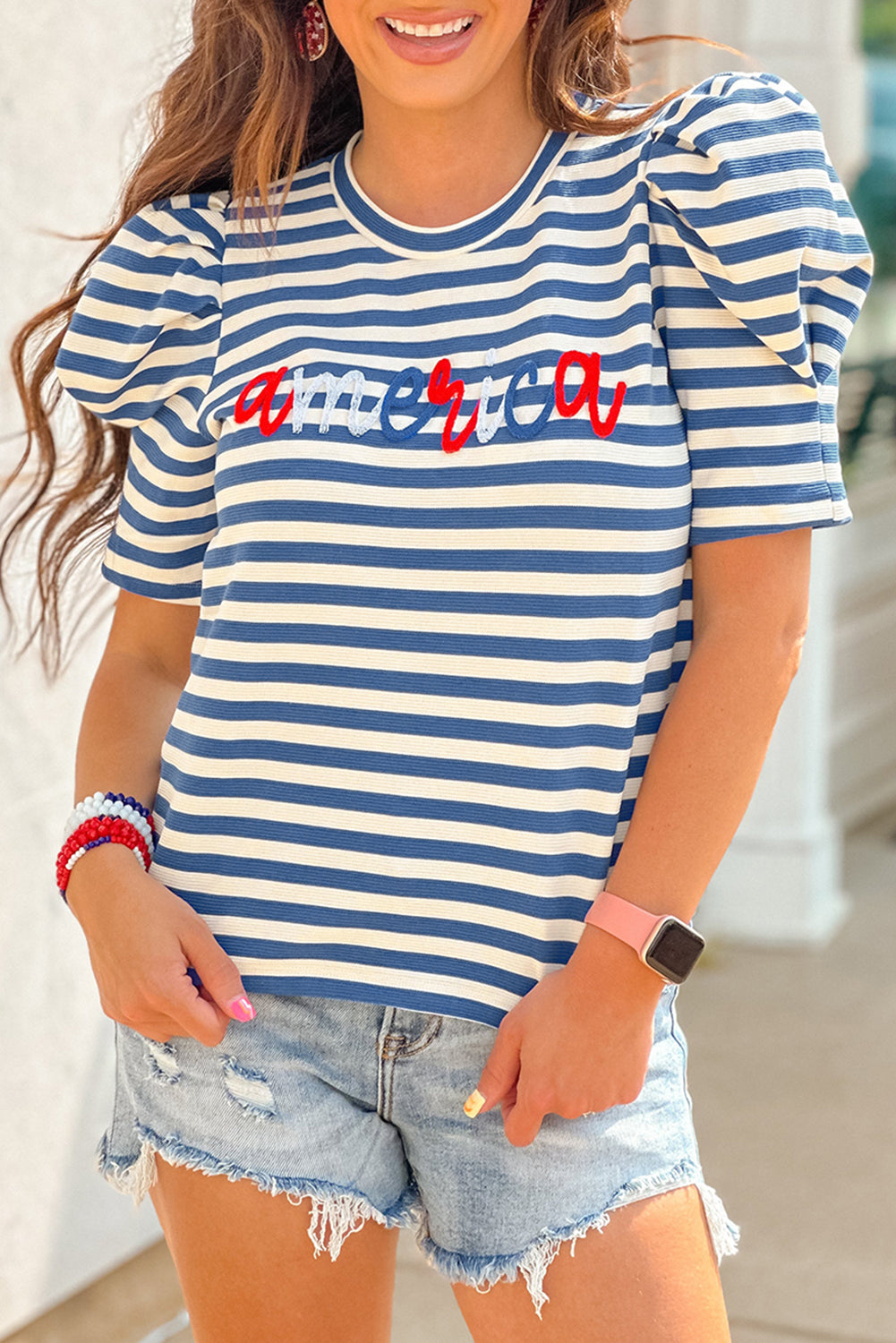 Blue Stripe America Cursive Graphic T-shirt
