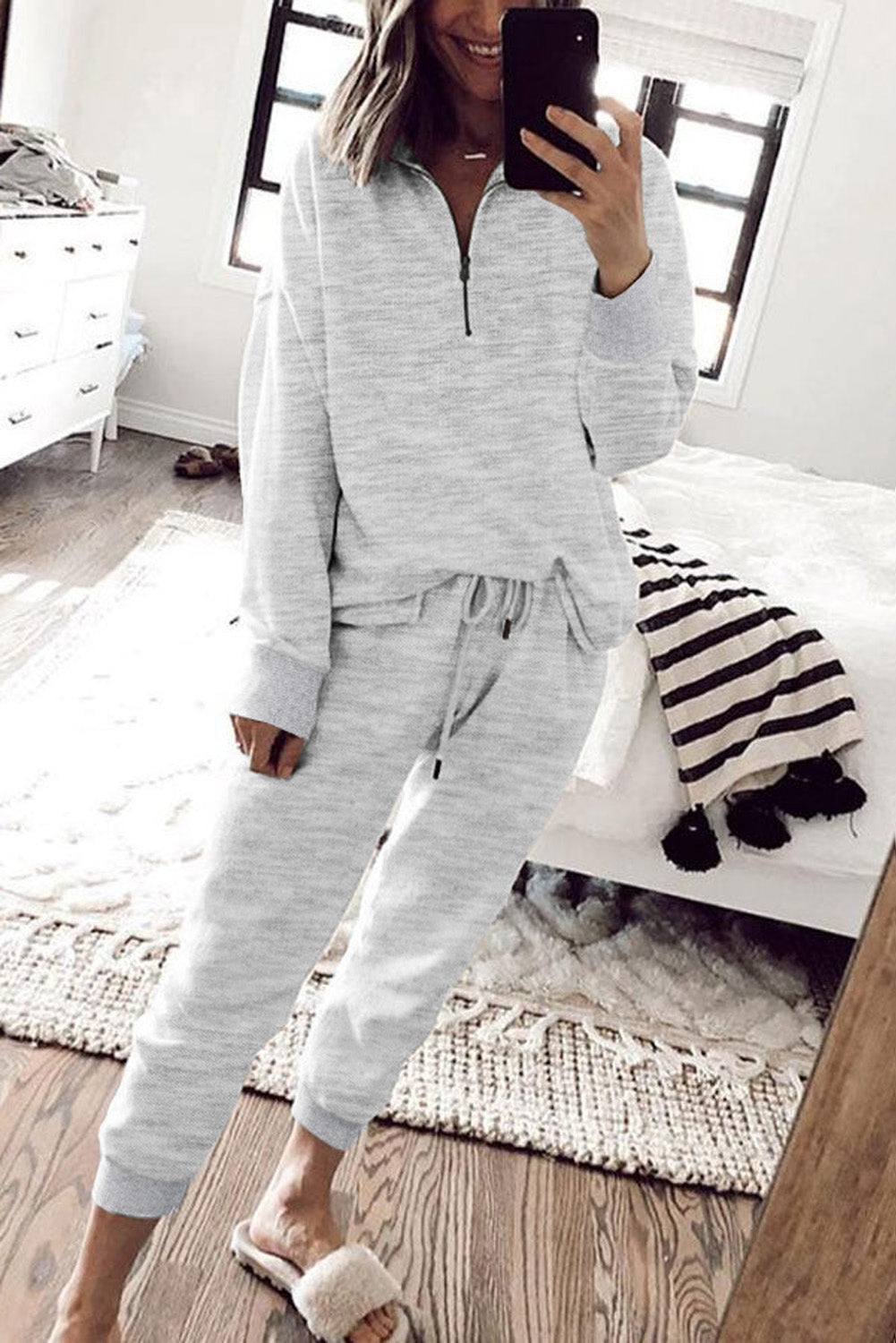 Zip Solid Half Drawcord High-Waisted Lounge Set