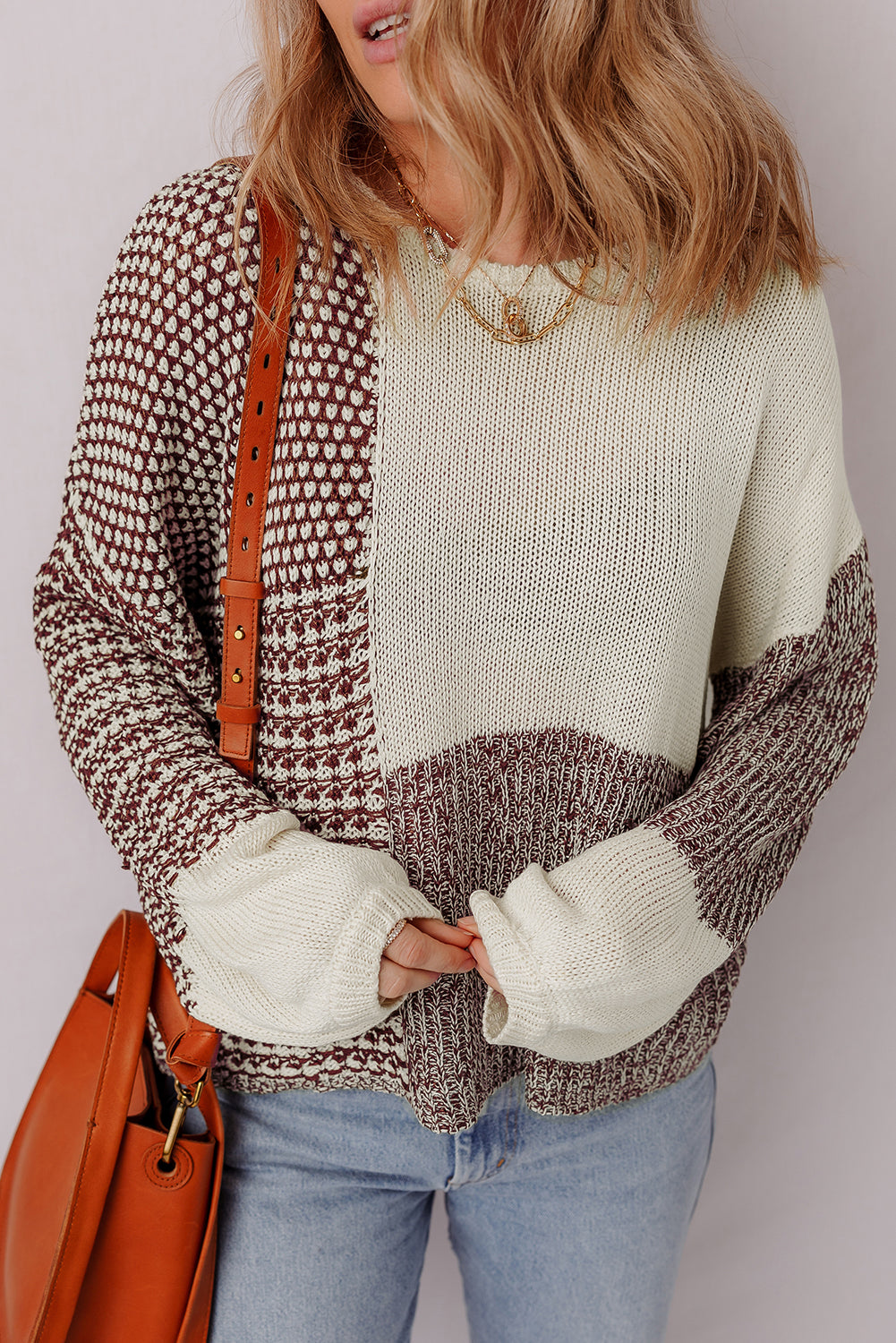 Colorblock Drop-Shoulder Back Tie Loose Knit Top