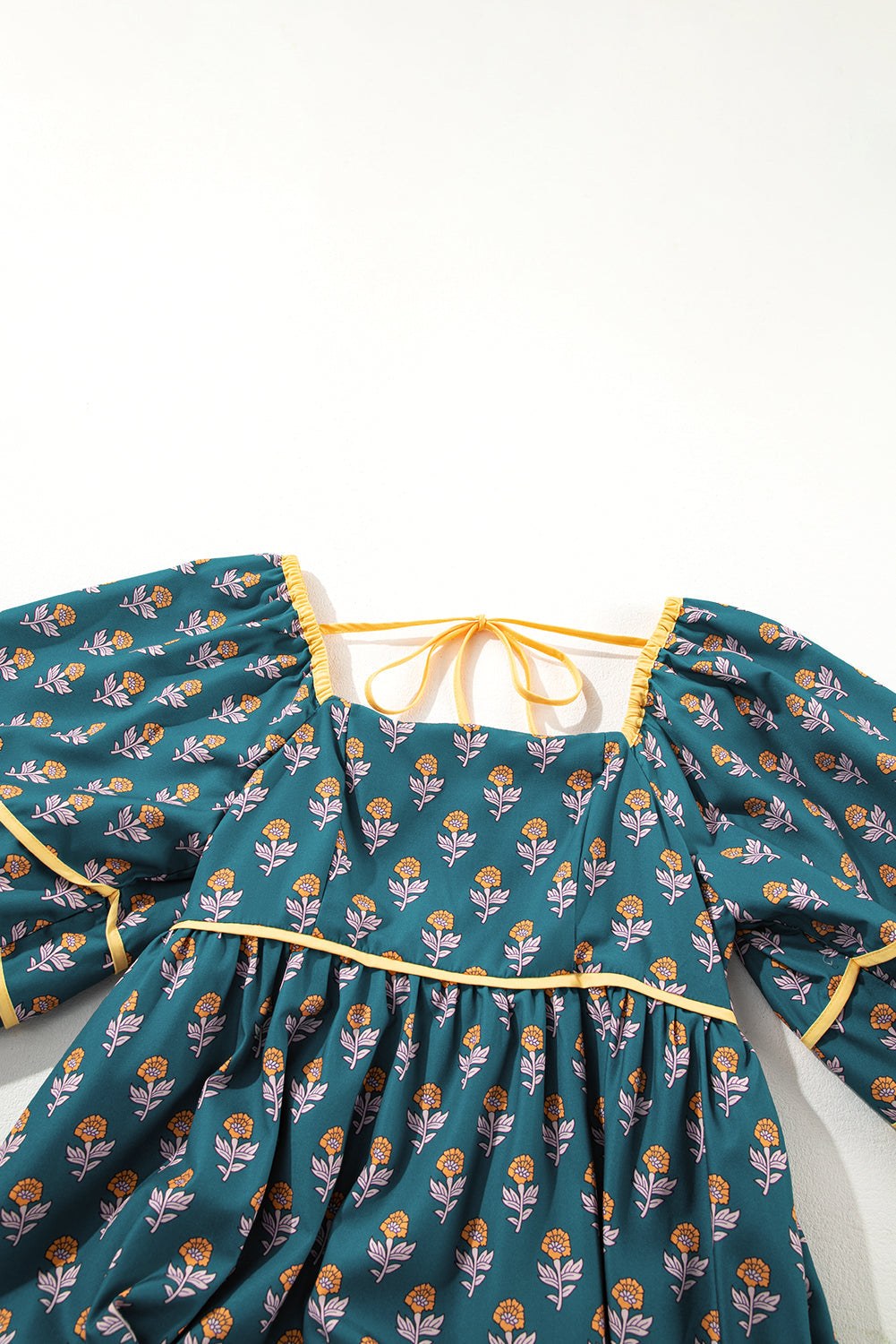 Floral Contrast Trim Square Neck Puff Sleeve Dress