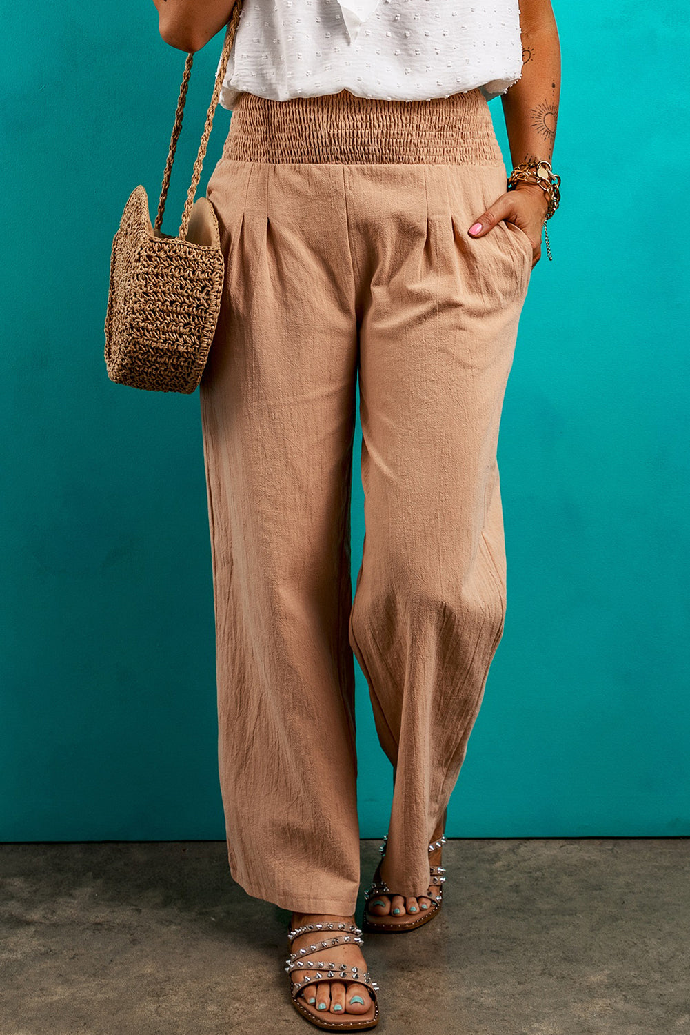 Women's Loose Straight Shirred-Waist Leg Pants