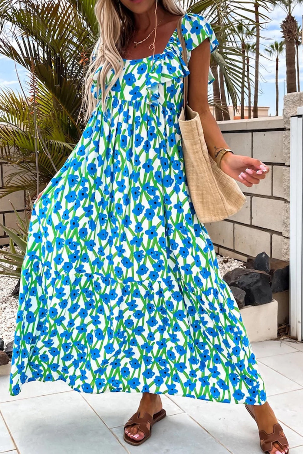 Floral-Print Square Neck Ruffled Strap Maxi Dress