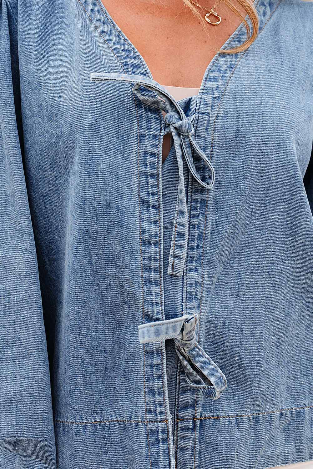 Tied Puff Front Long Sleeve Denim Top