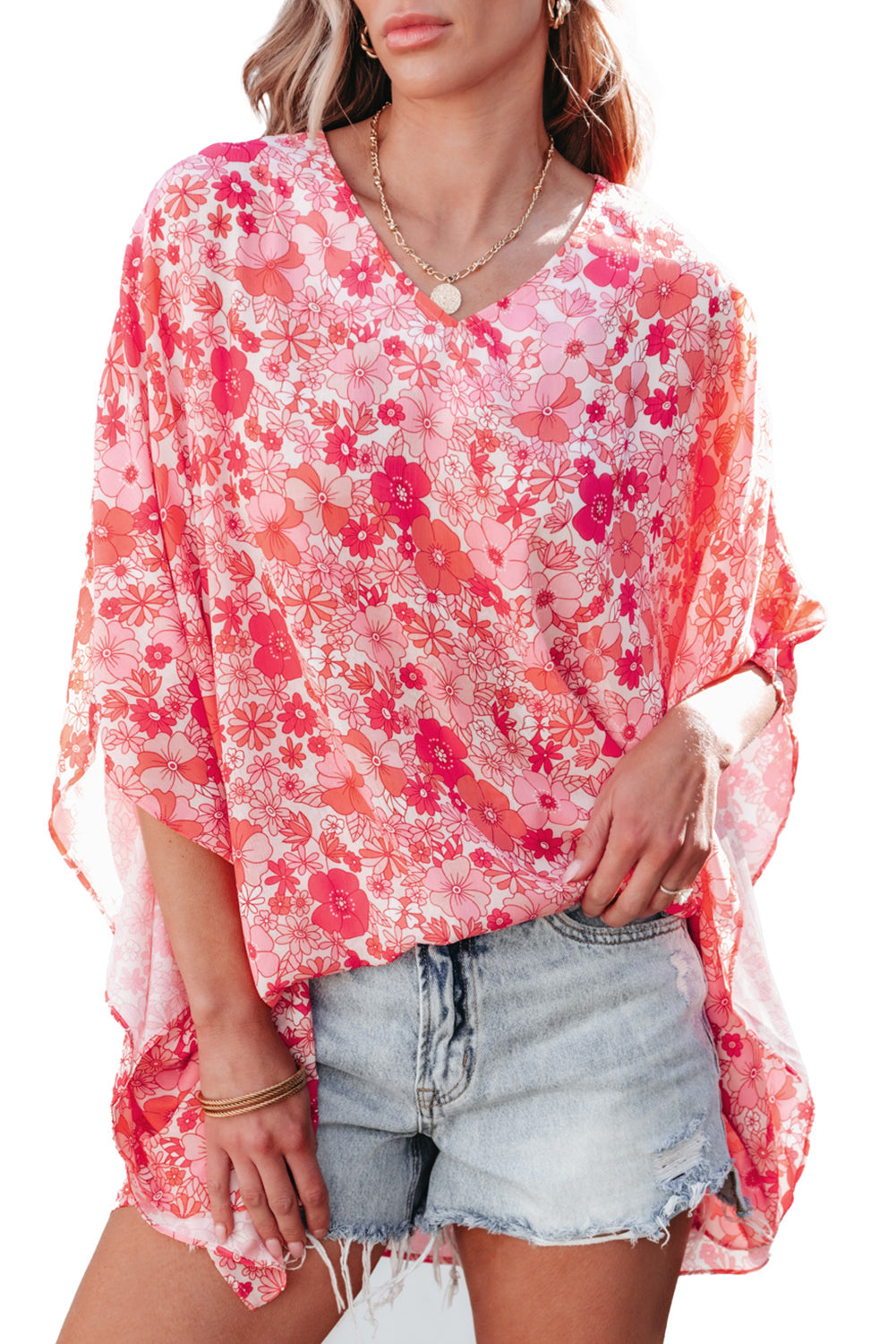Blouse for Women V Neck Kimono Style Bohemian Floral-Print
