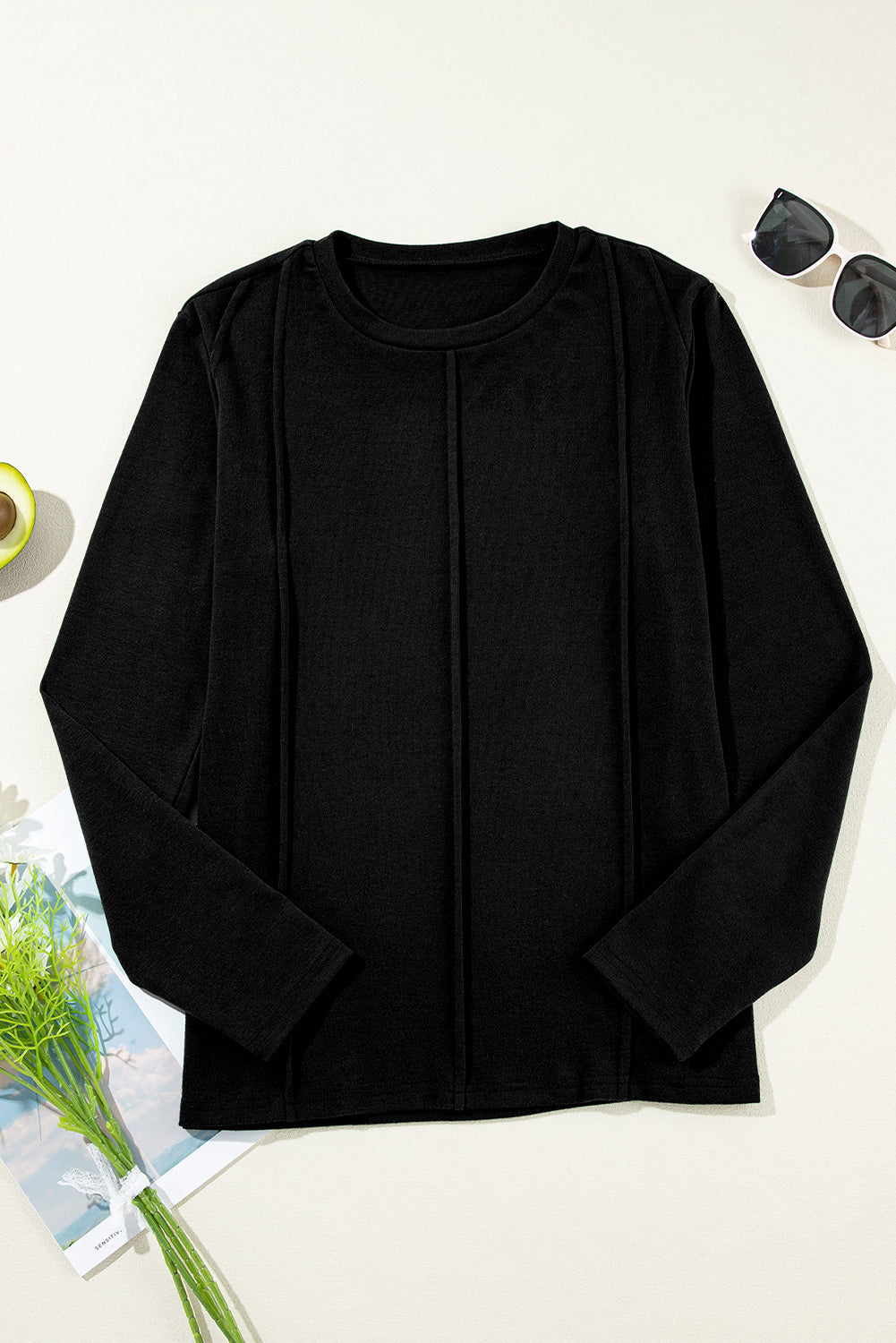 Exposed Seam Crew-Neck Long-Sleeved Top in Black