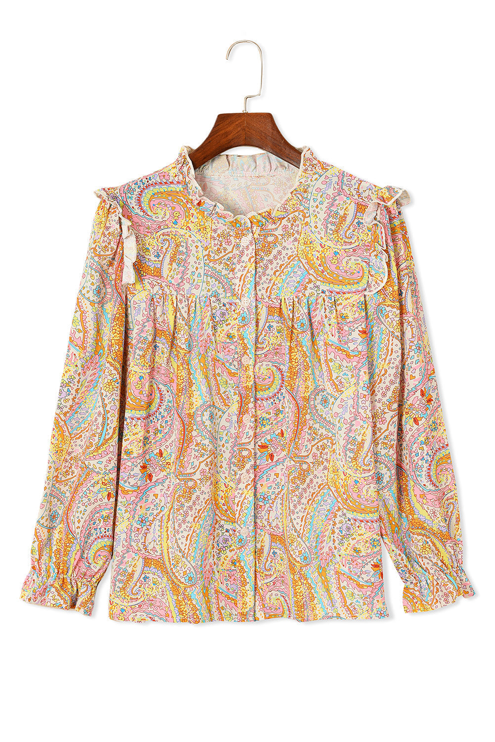 Women's Shirt Featuring Paisley Print Ruffle-Trimmed Trim Bohemian