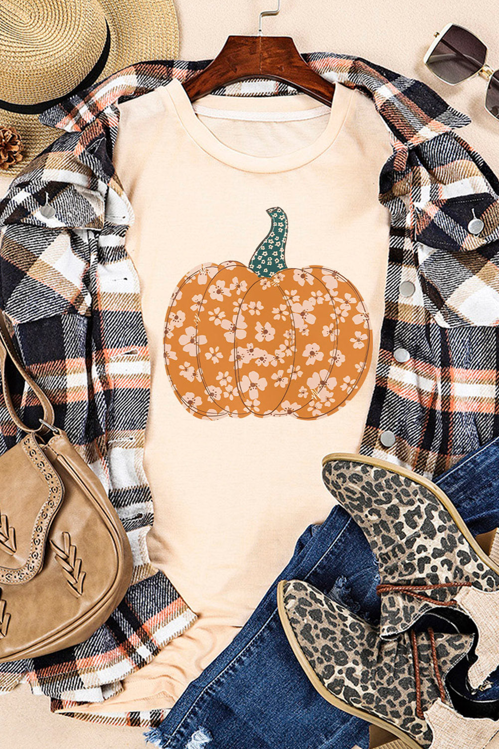 Women's Tee Featuring Sweet Floral-Print Pumpkin Graphic-Print