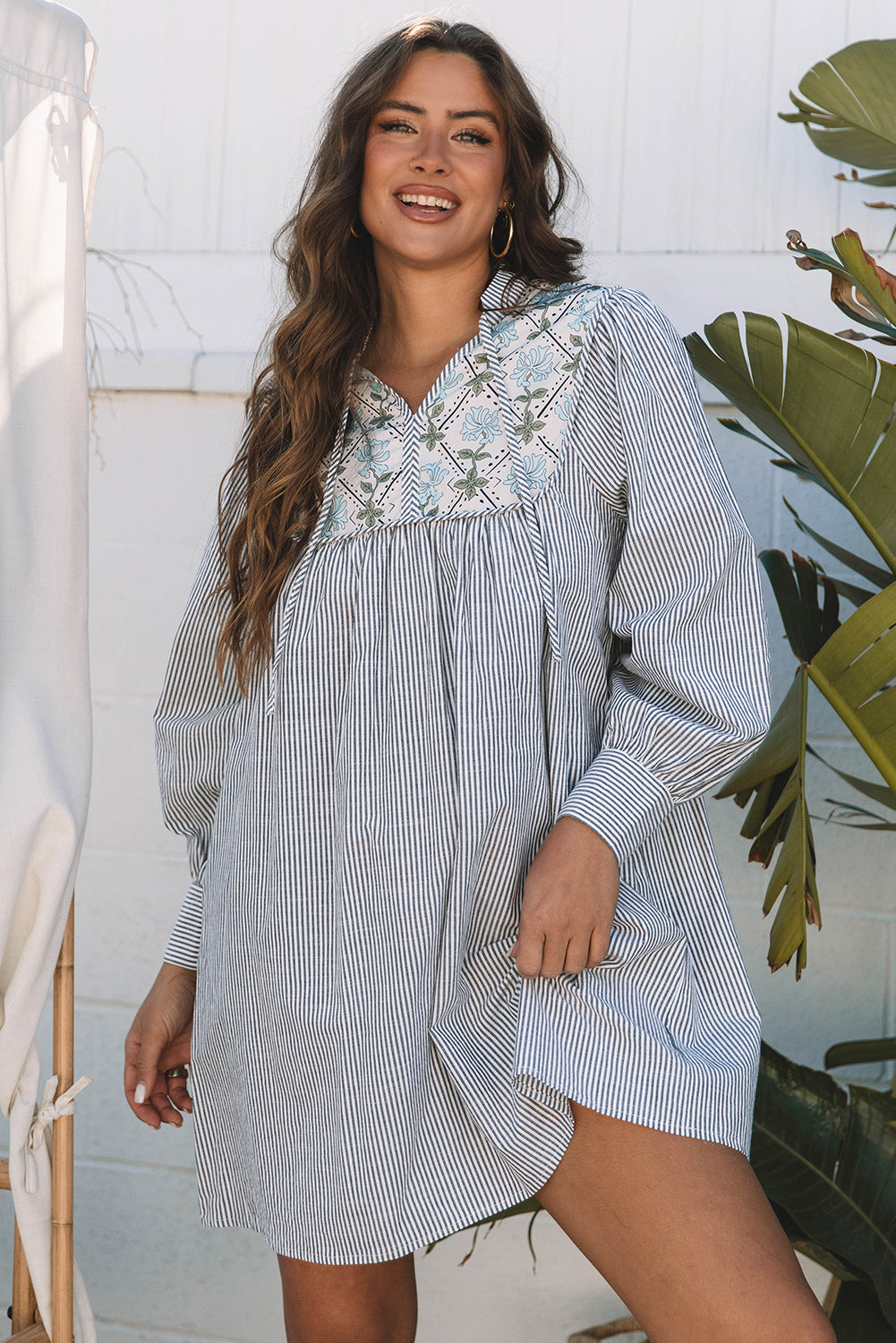Black Stripe Floral Patchwork Shift Long Sleeve Mini Dress