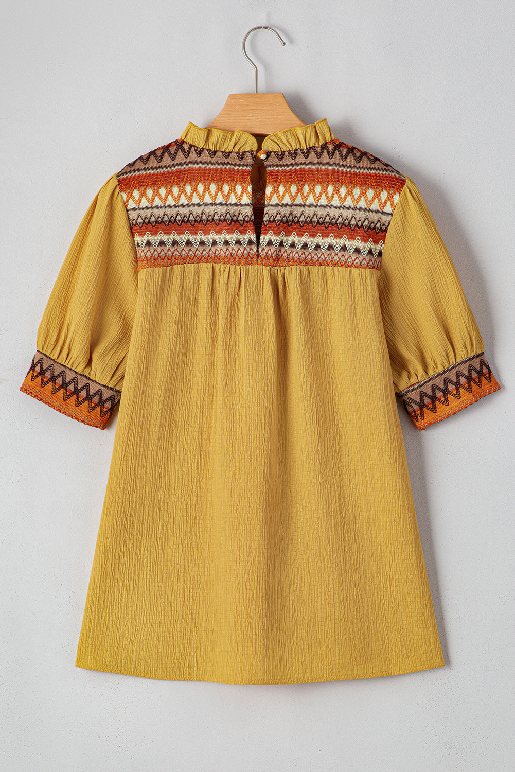 Mustard Geometric Short Sleeve Frilled Collar Blouse