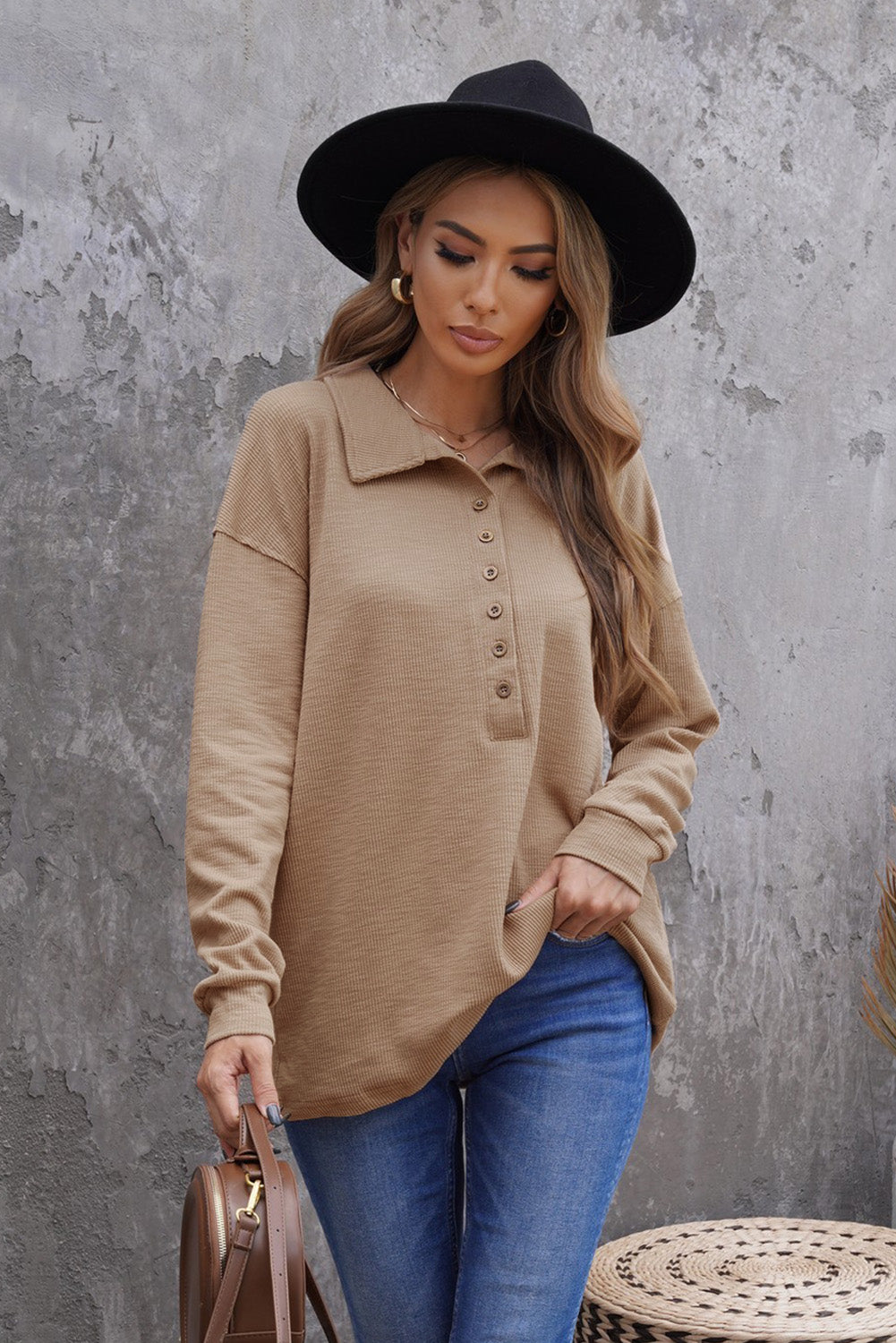 Women's Button Turn-down Neck Knit Top