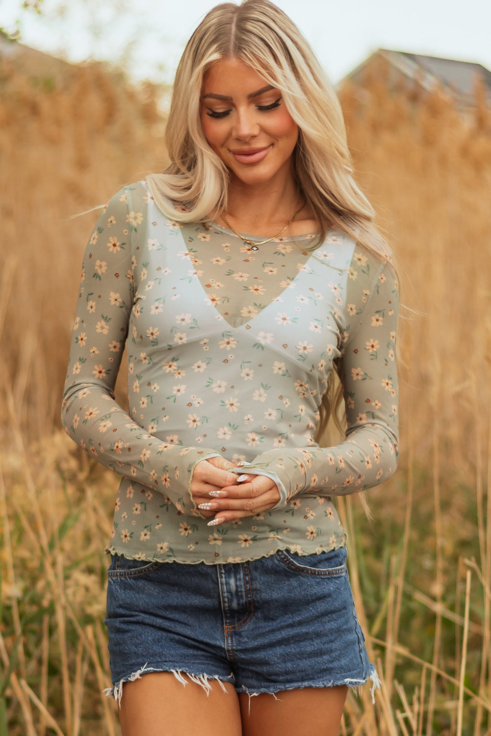 Retro Style Floral-Print Southern Mesh Long-Sleeved Top
