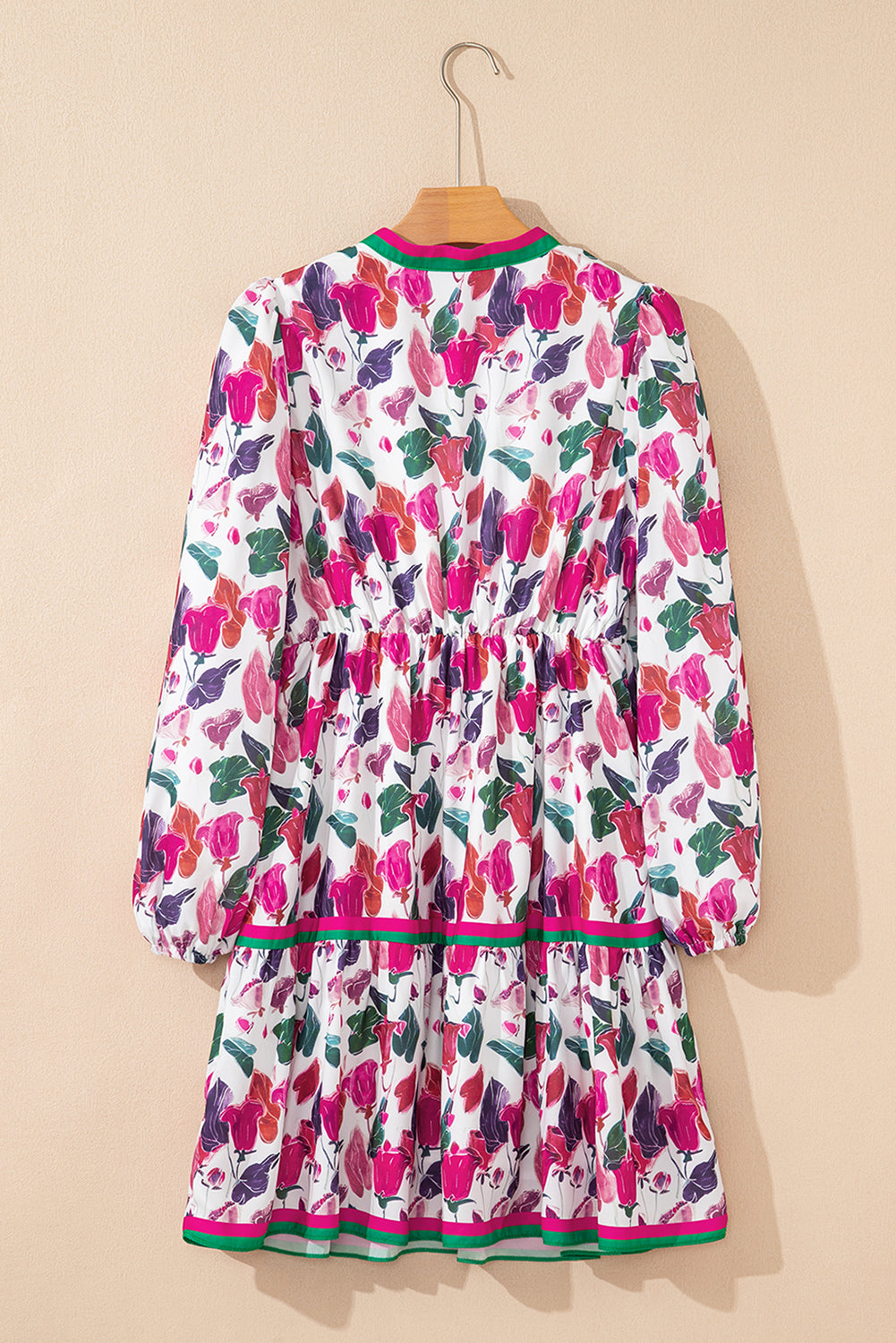 Floral-Print Contrast Striped Detail Long-Sleeved Mini Dress