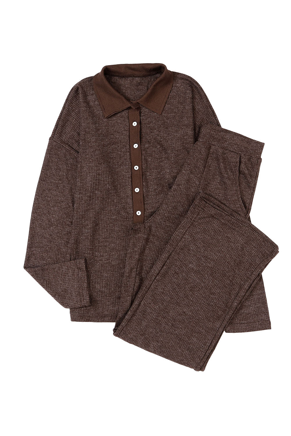 Rib-Knit Henley Knit Collared Top and Pants Lounge Outfit