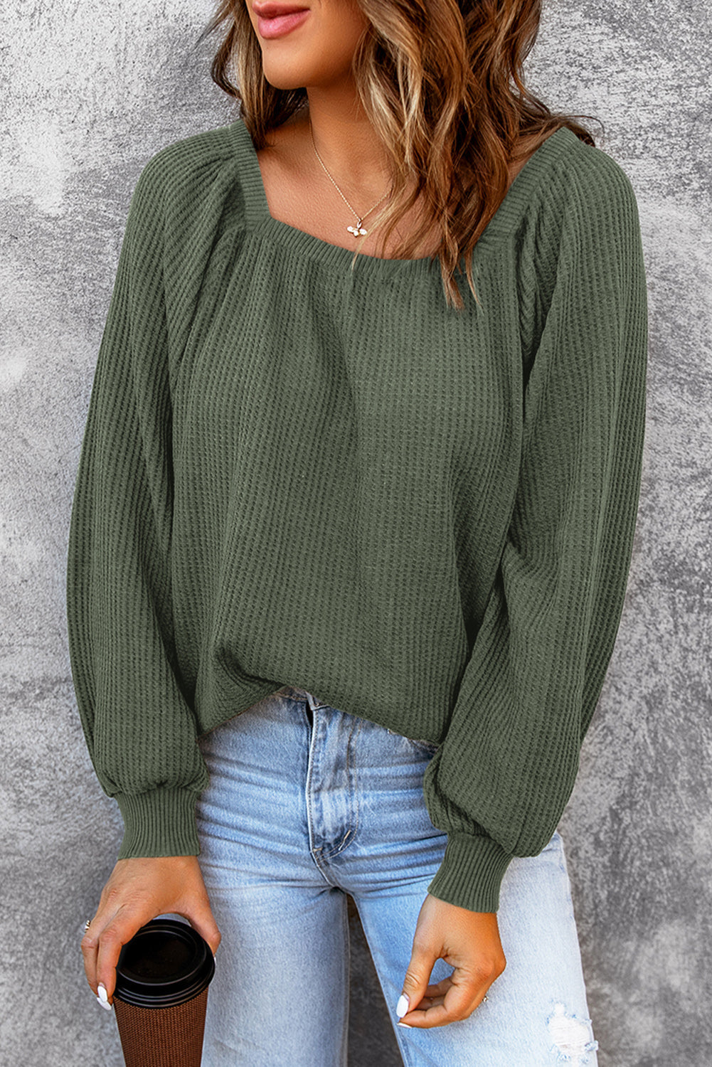 Women's Knit Top with Balloon Sleeve Waffle