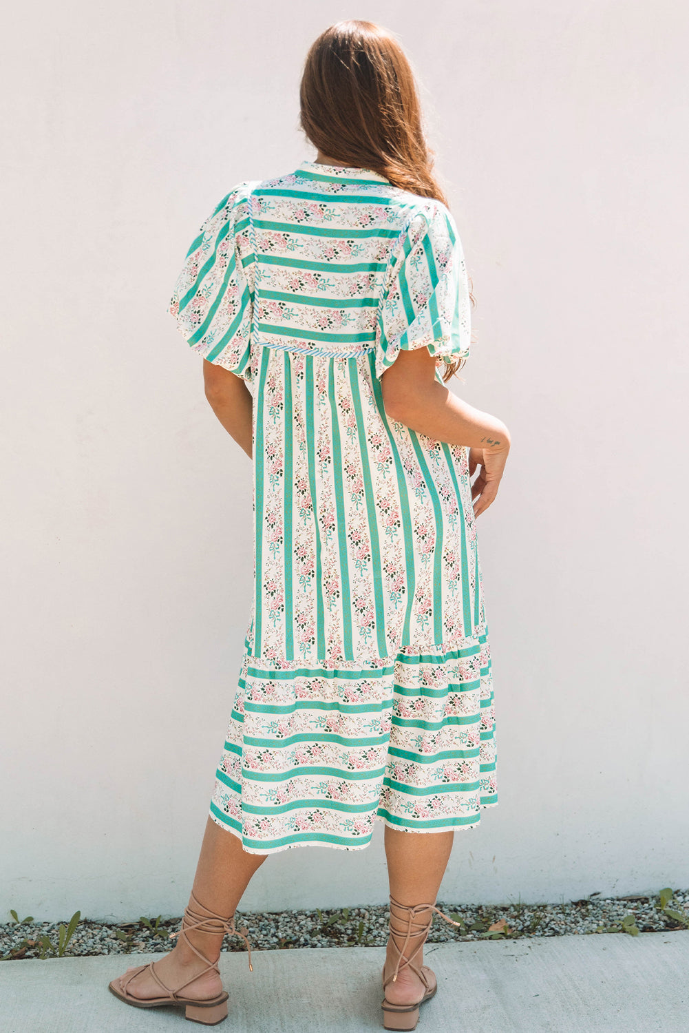 Striped Floral Print Tie Split Neck Puff Sleeve Midi Dress