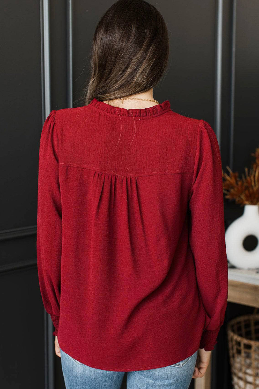 Neck Shirred Notched Shirred Cuff Long-Sleeved Blouse