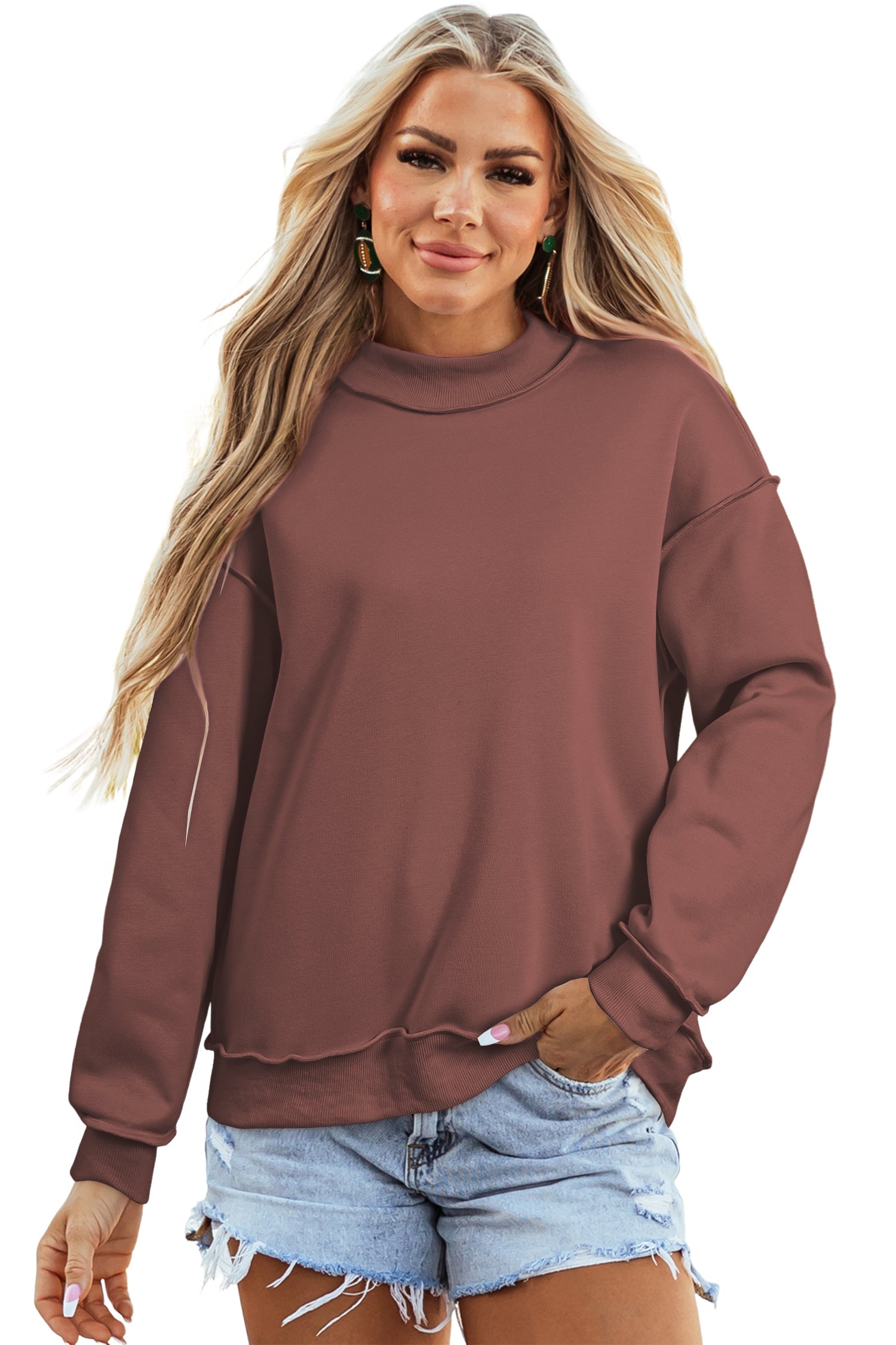 Coffee Reversible Oversize Drop-Shoulder Mock-Neck Sweatshirt