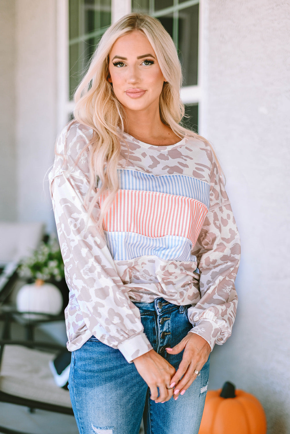 Knit Top for Women Balloon Sleeve Contrast Stripes