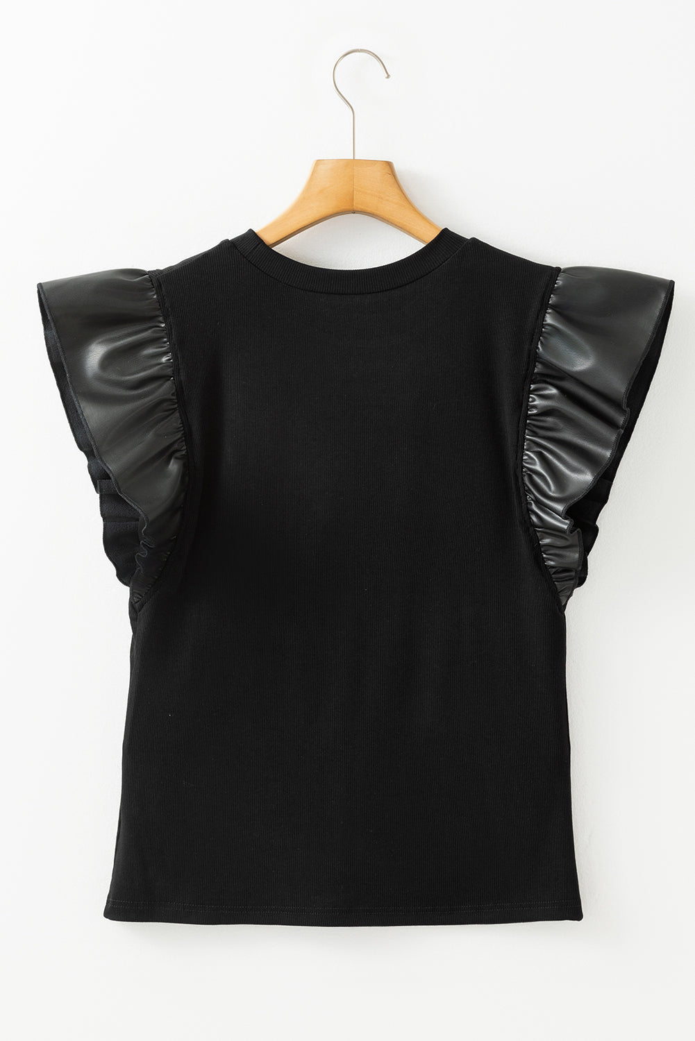 Black Leather Ruffle Sleeve Patchwork Blouse