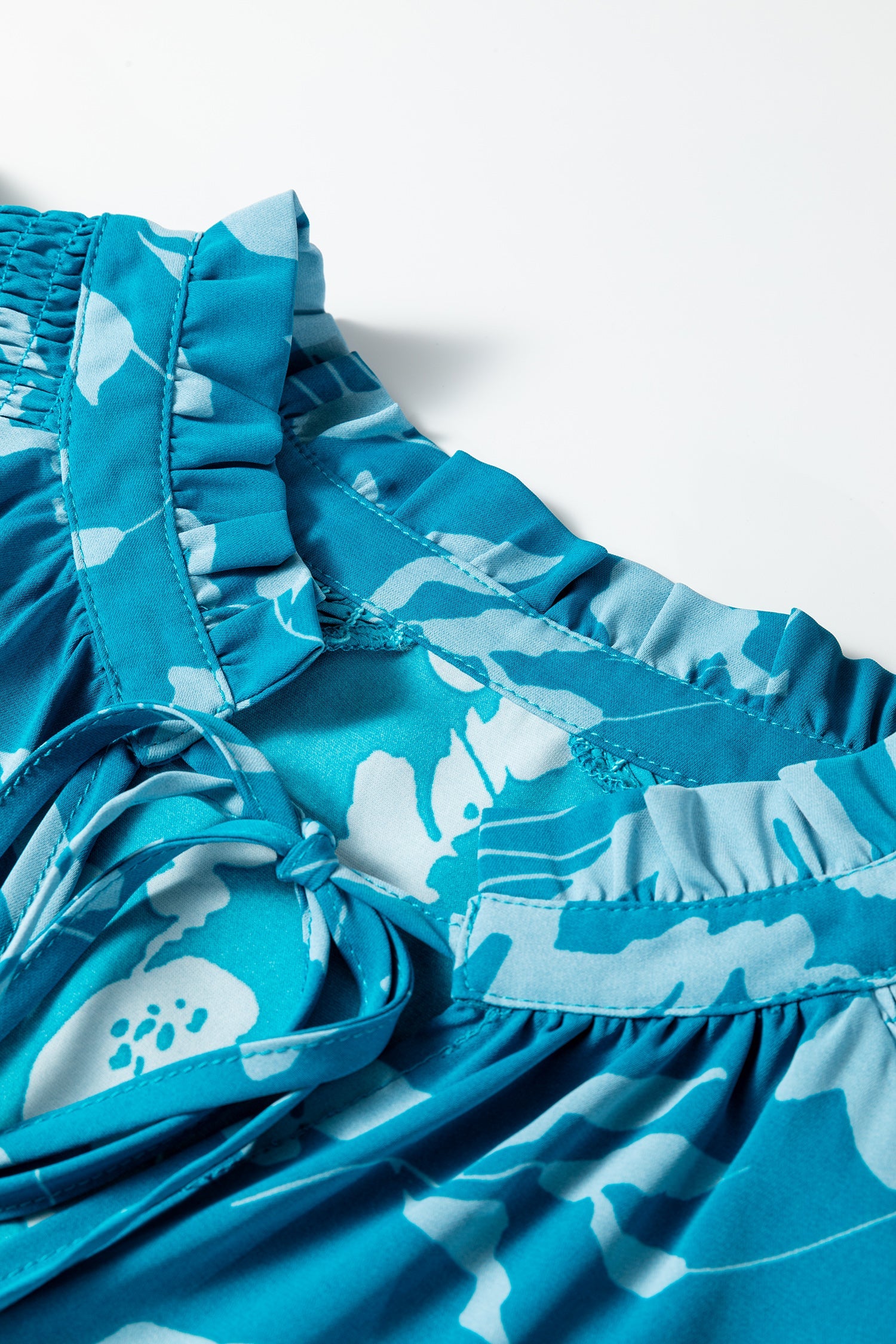Flower Half Sleeve Tiered Ruffled Mini Dress in Blue