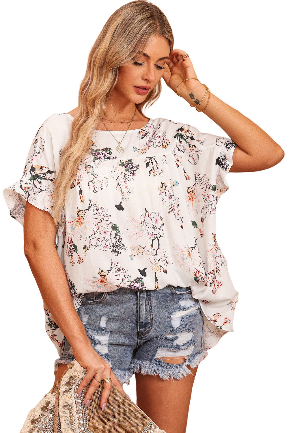 Women's Blouse with Floral-Print Ruffle-Trimmed Back Knot-Detail
