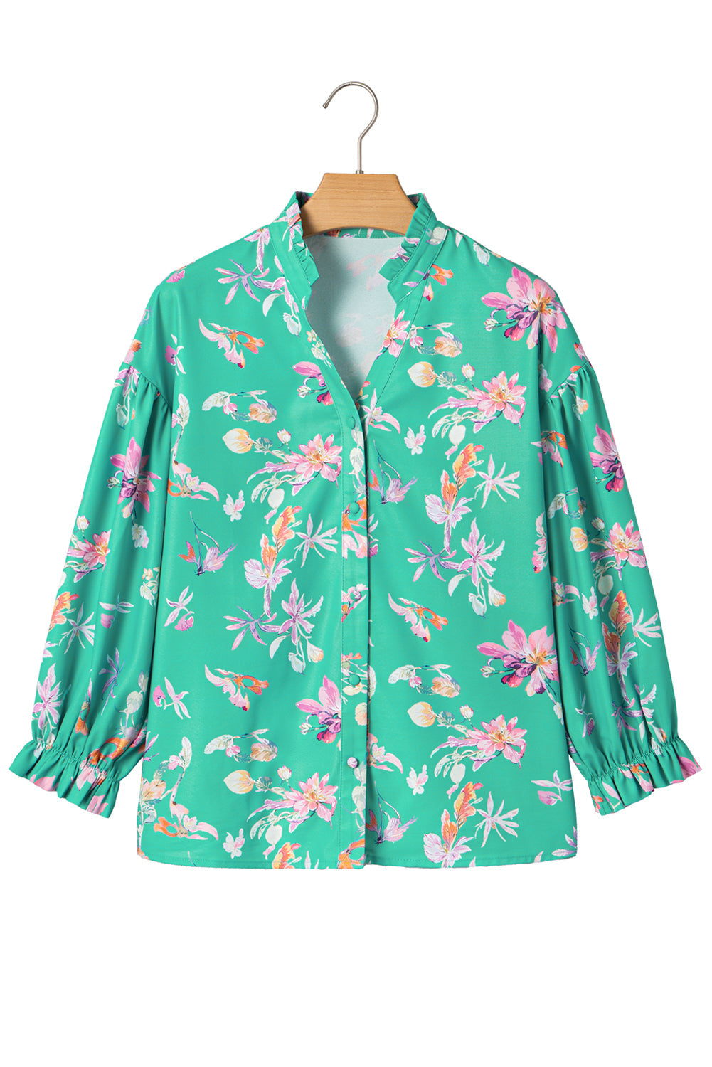 Floral Button Lantern Sleeve Front Shirt