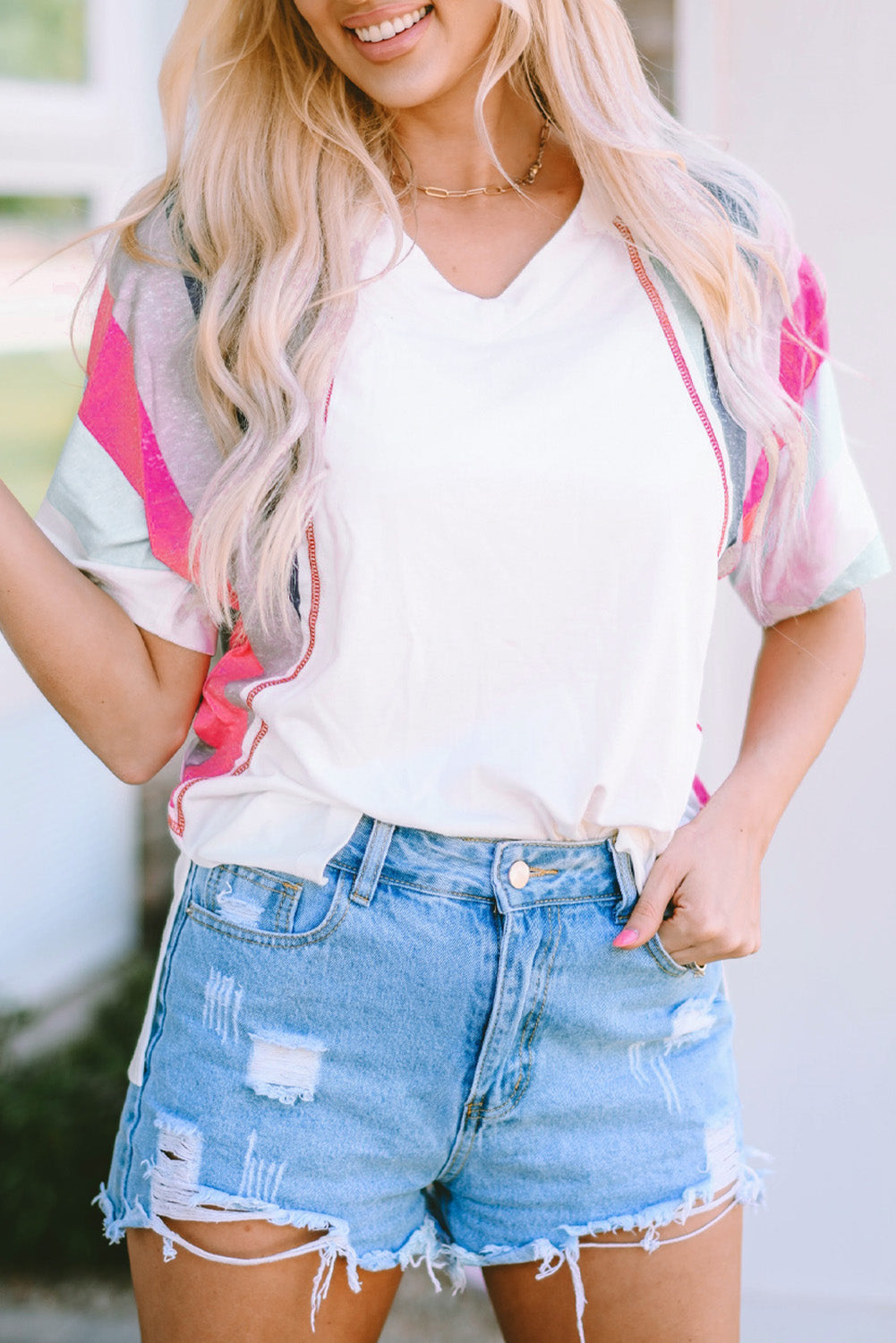 Women's T Shirt with White Stripe Patchwork