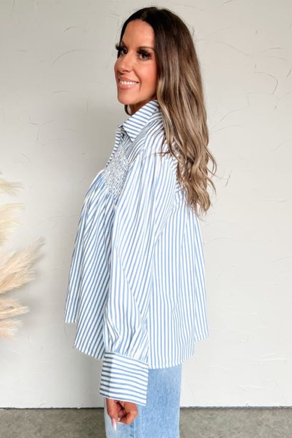 Shirred Placket Detail Half Collared Long-Sleeved Fall Shirt