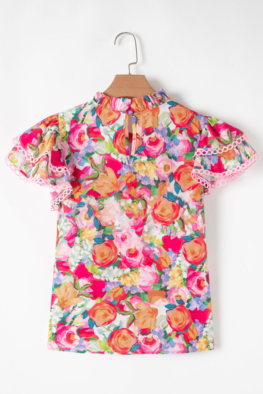 Lace Trim Ruffle Short Sleeve Floral Blouse