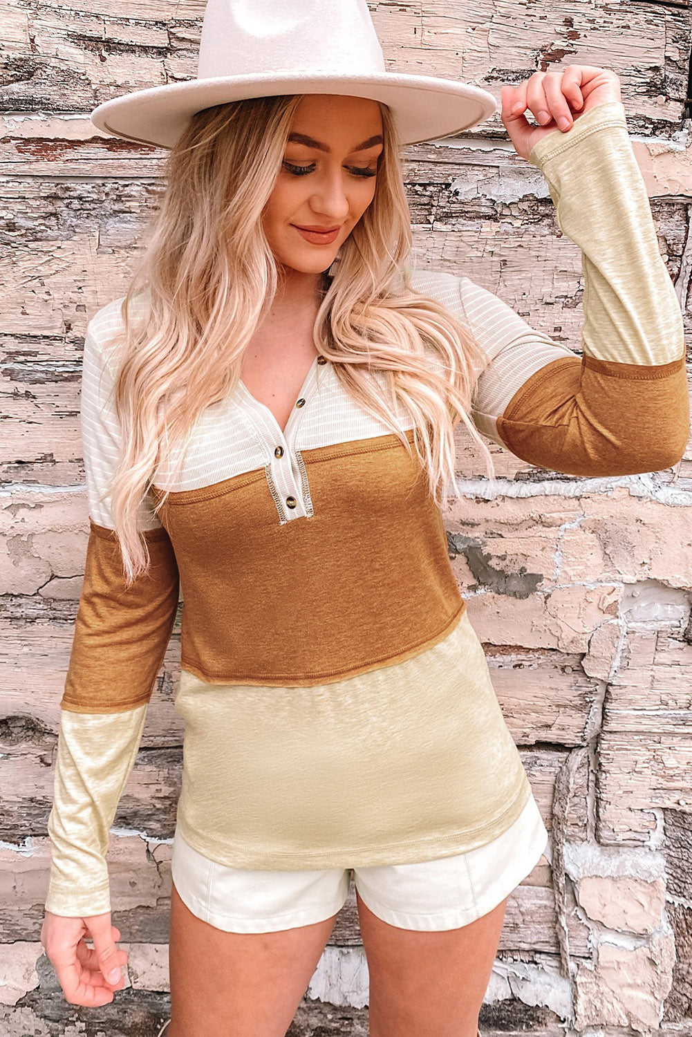 Henley Top for Women Striped Color-Block