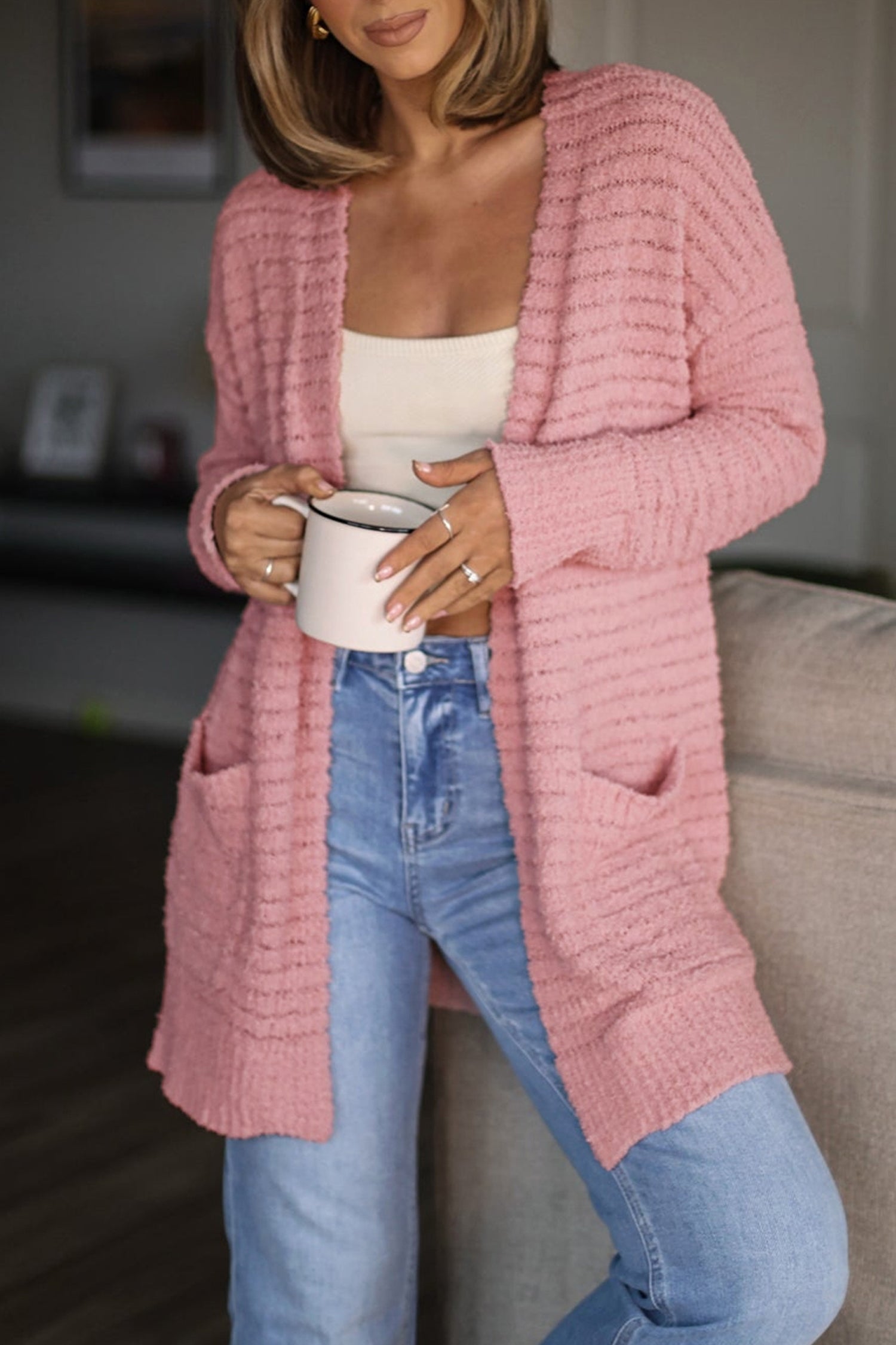 Open-Front Soft Fuzzy Rib-Knit Cardigan Knit Top in Light Pink