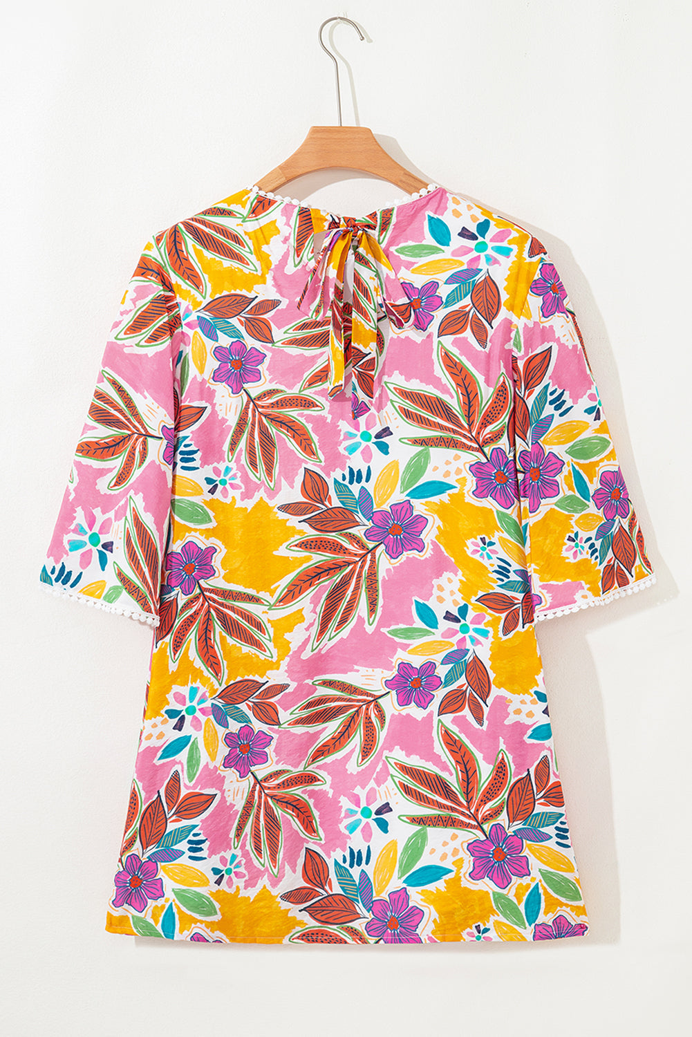 Floral-Print Lace Trimmed Tie Back Bell Sleeve Swing Mini Dress