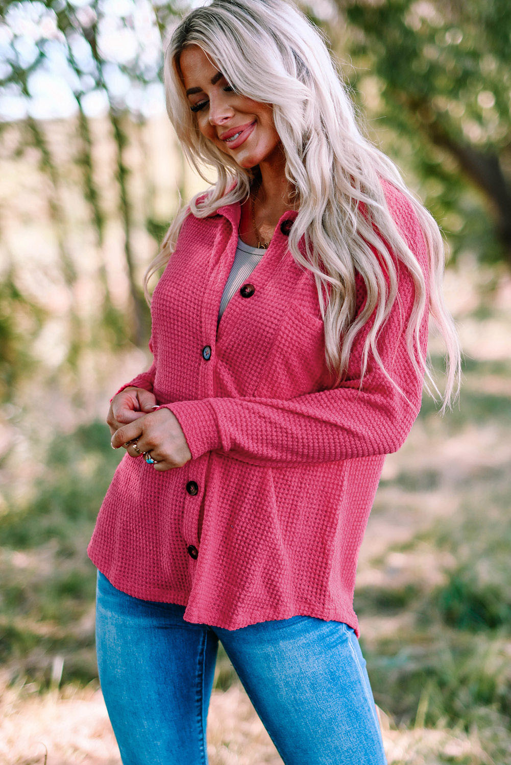 Women's Shirt Featuring Waffle Knitted Button Up Everyday