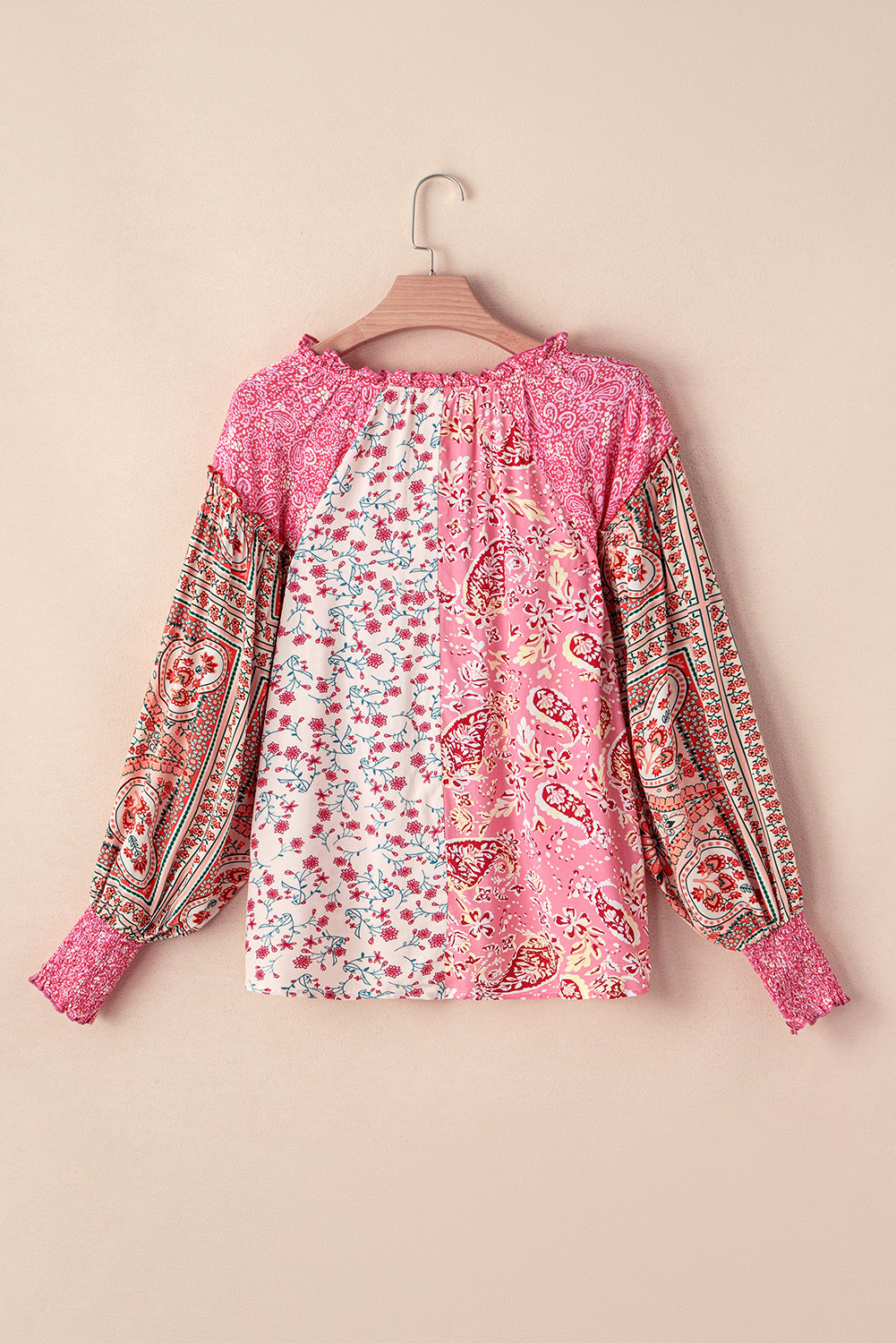 Floral Printed Mixed Printed Puff Sleeve V-Neck Shirt